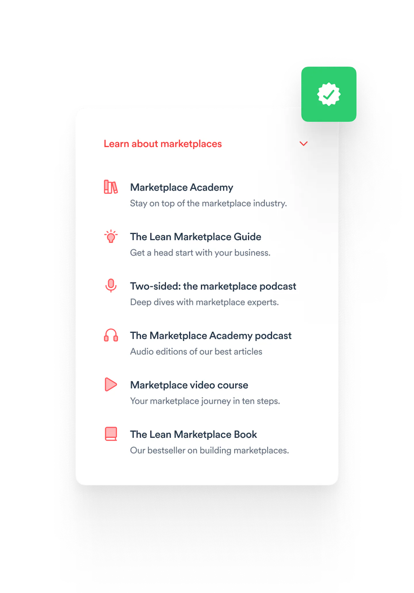 A screenshot of the different resources offered by Sharertribe