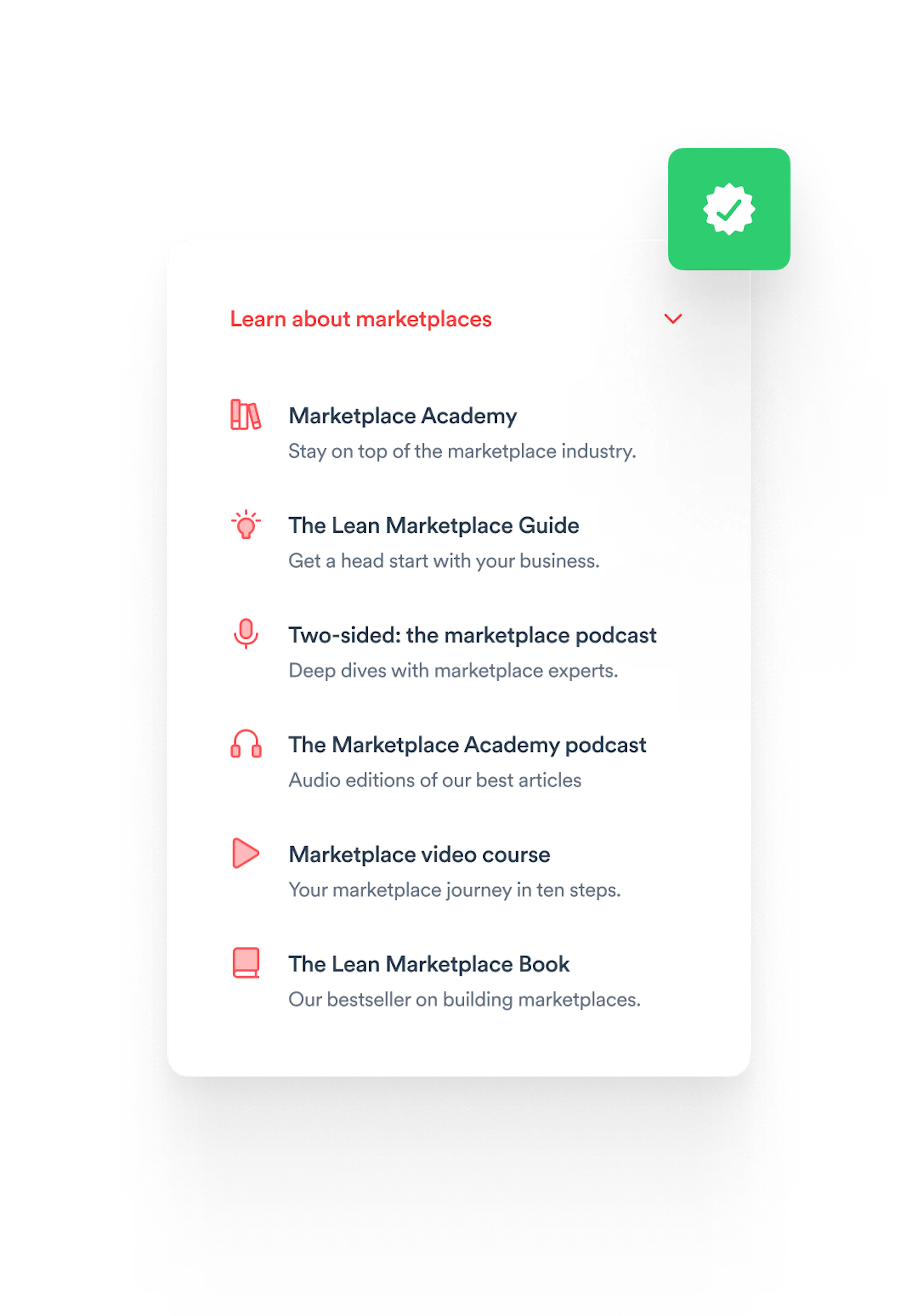 A screenshot of the different resources offered by Sharertribe