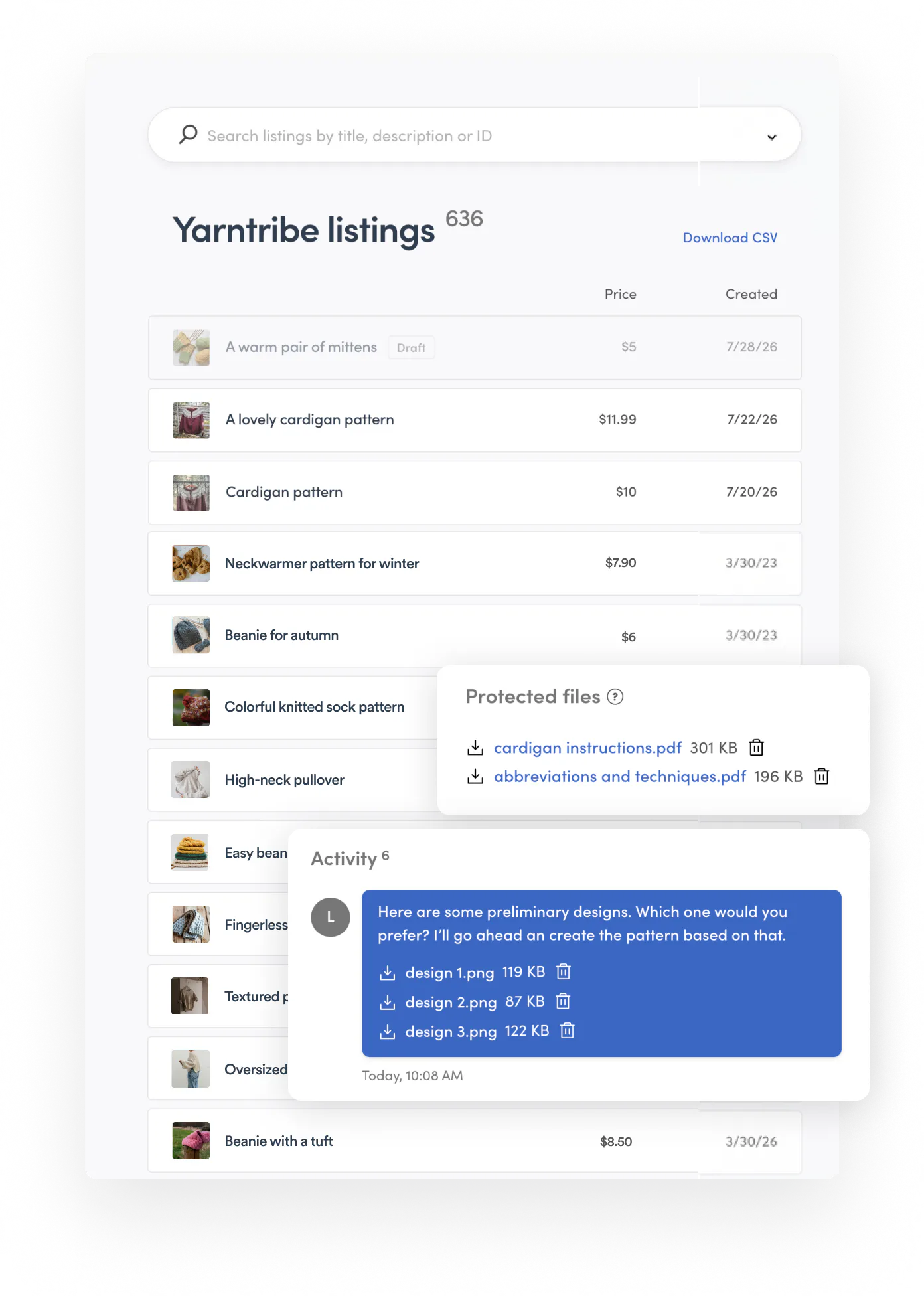 Sharetribe Console listing management page overlaid with listing and message file sections.