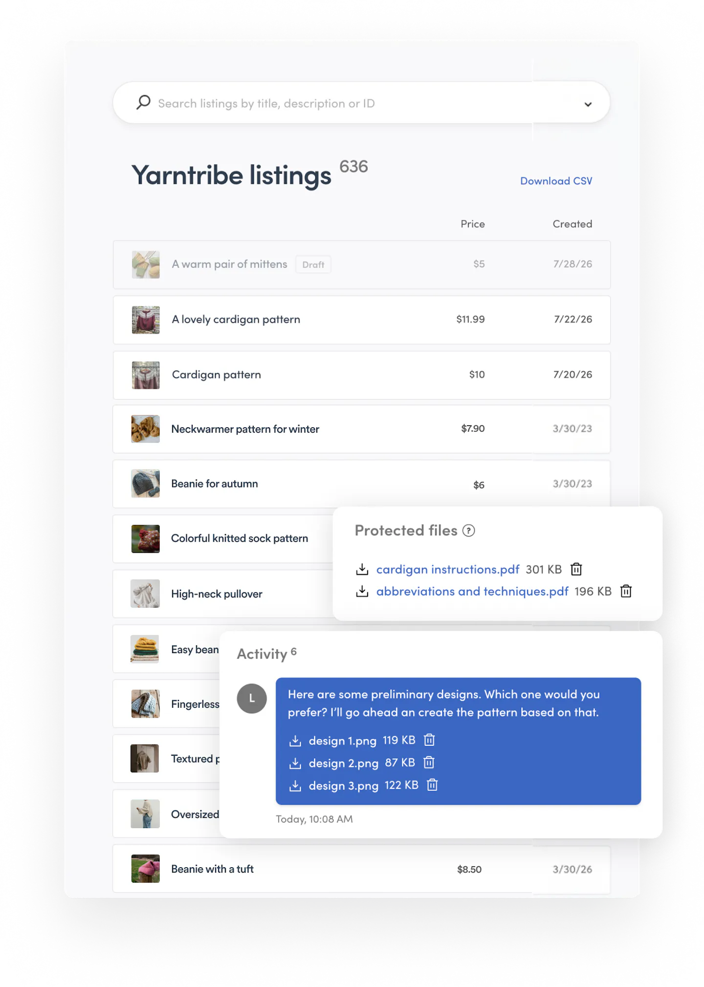 Sharetribe Console listing management page overlaid with listing and message file sections.