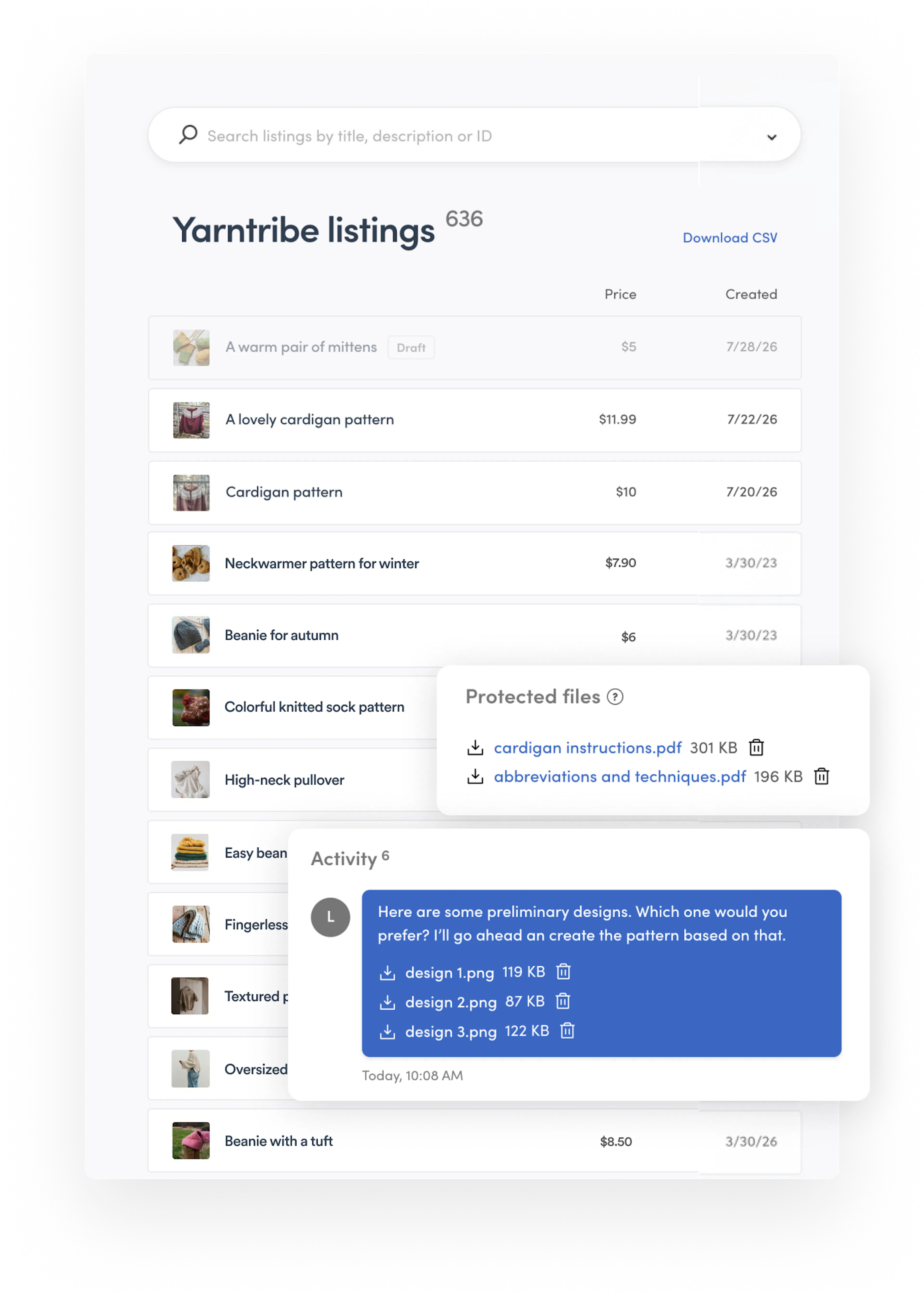 Sharetribe Console listing management page overlaid with listing and message file sections.
