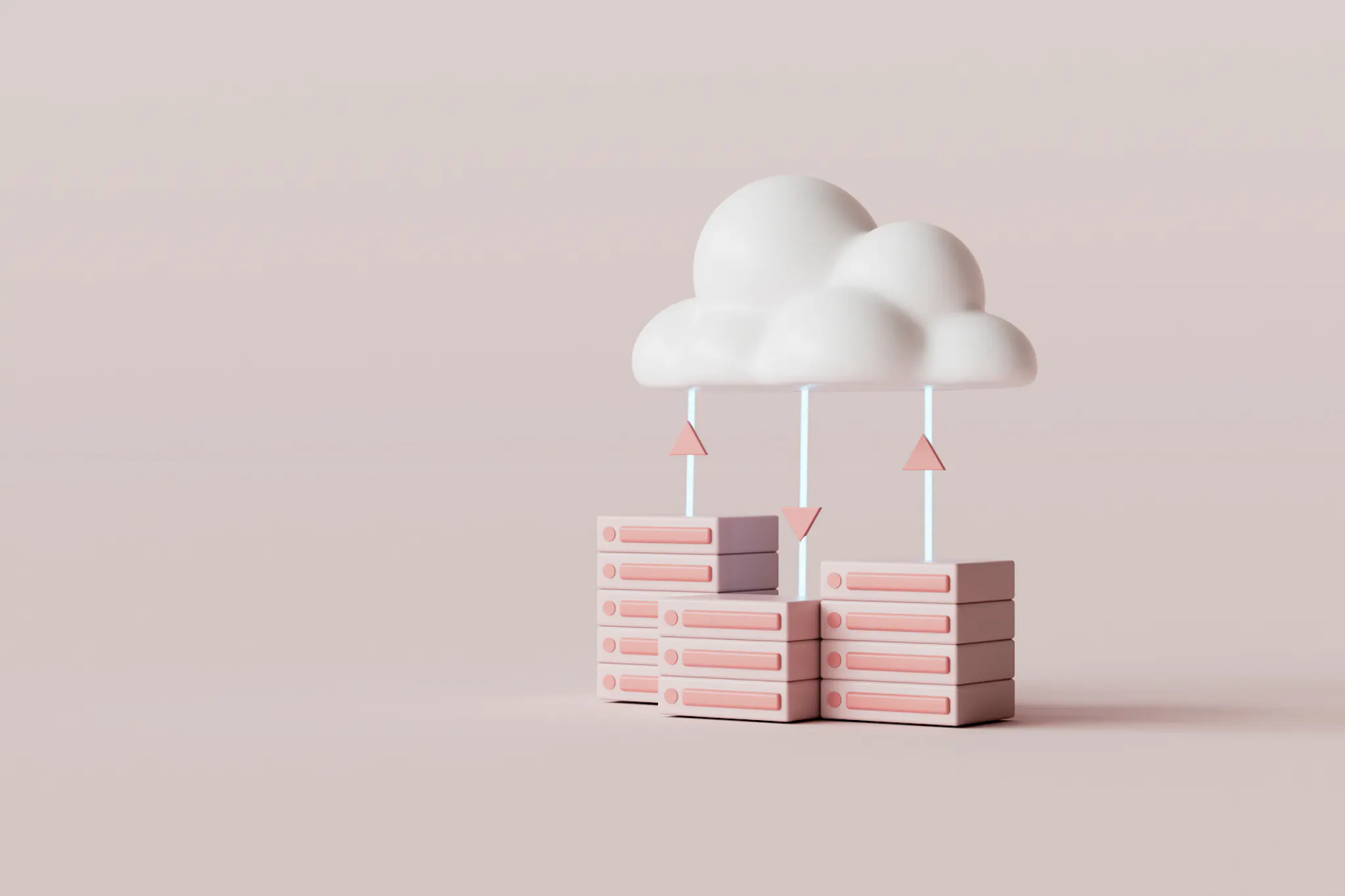 3D render of a cloud data streaming concept, featuring a large white cloud distributing data to neatly organized pink servers, against a pastel pink backdrop.