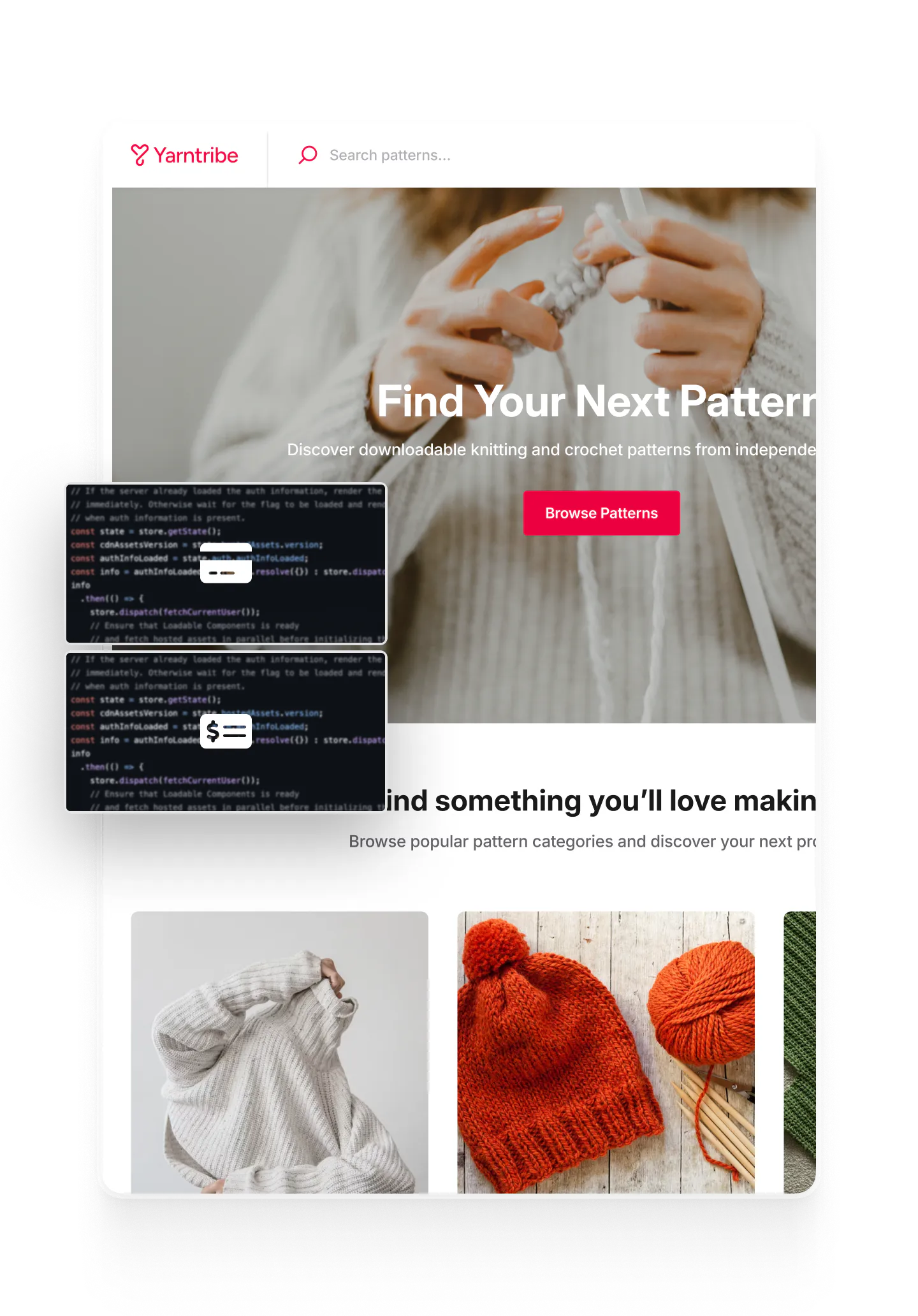 snapshot of the Yarntribe home page. Overlaid on top are two boxes with code and credit card symbols.