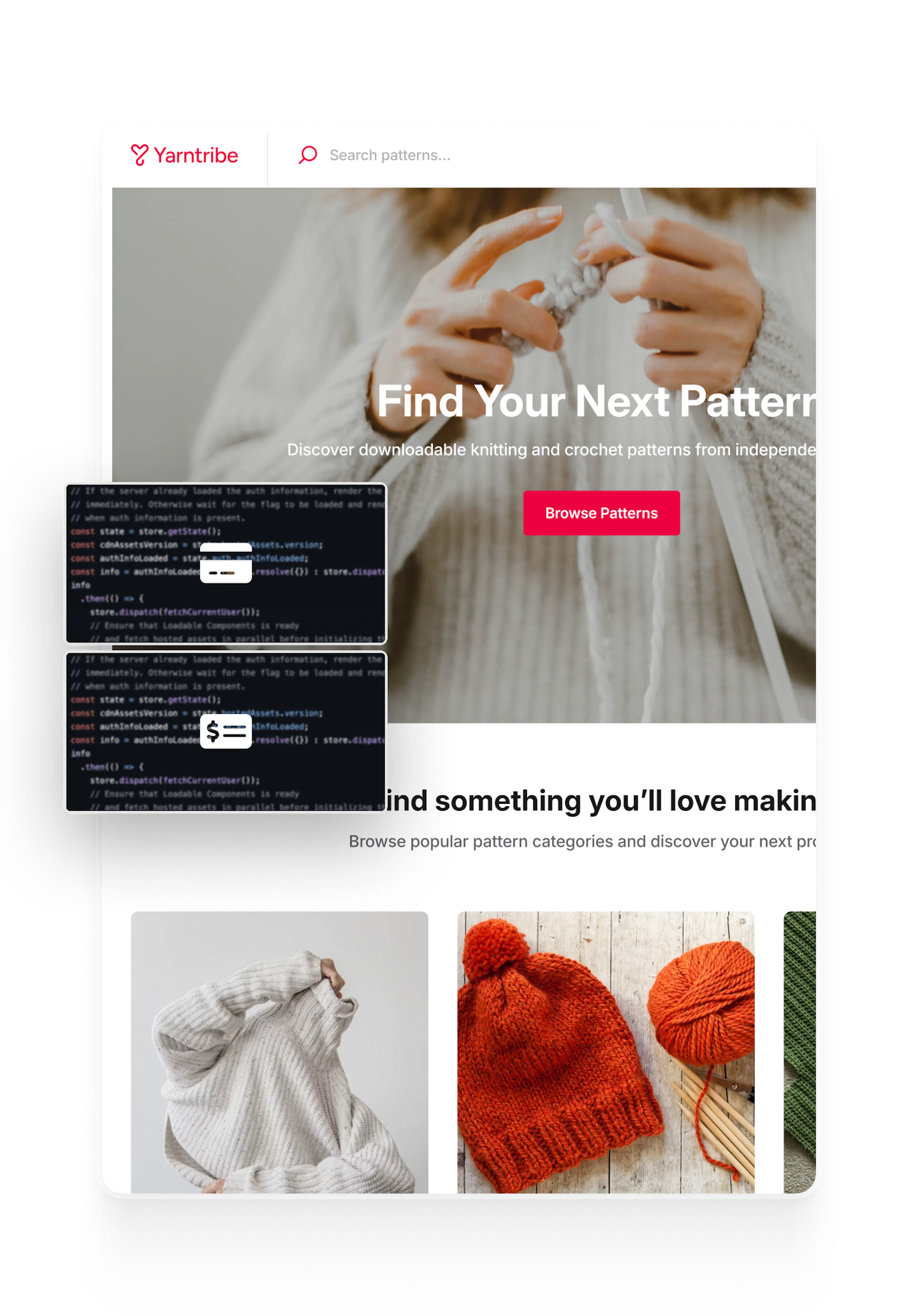 snapshot of the Yarntribe home page. Overlaid on top are two boxes with code and credit card symbols.