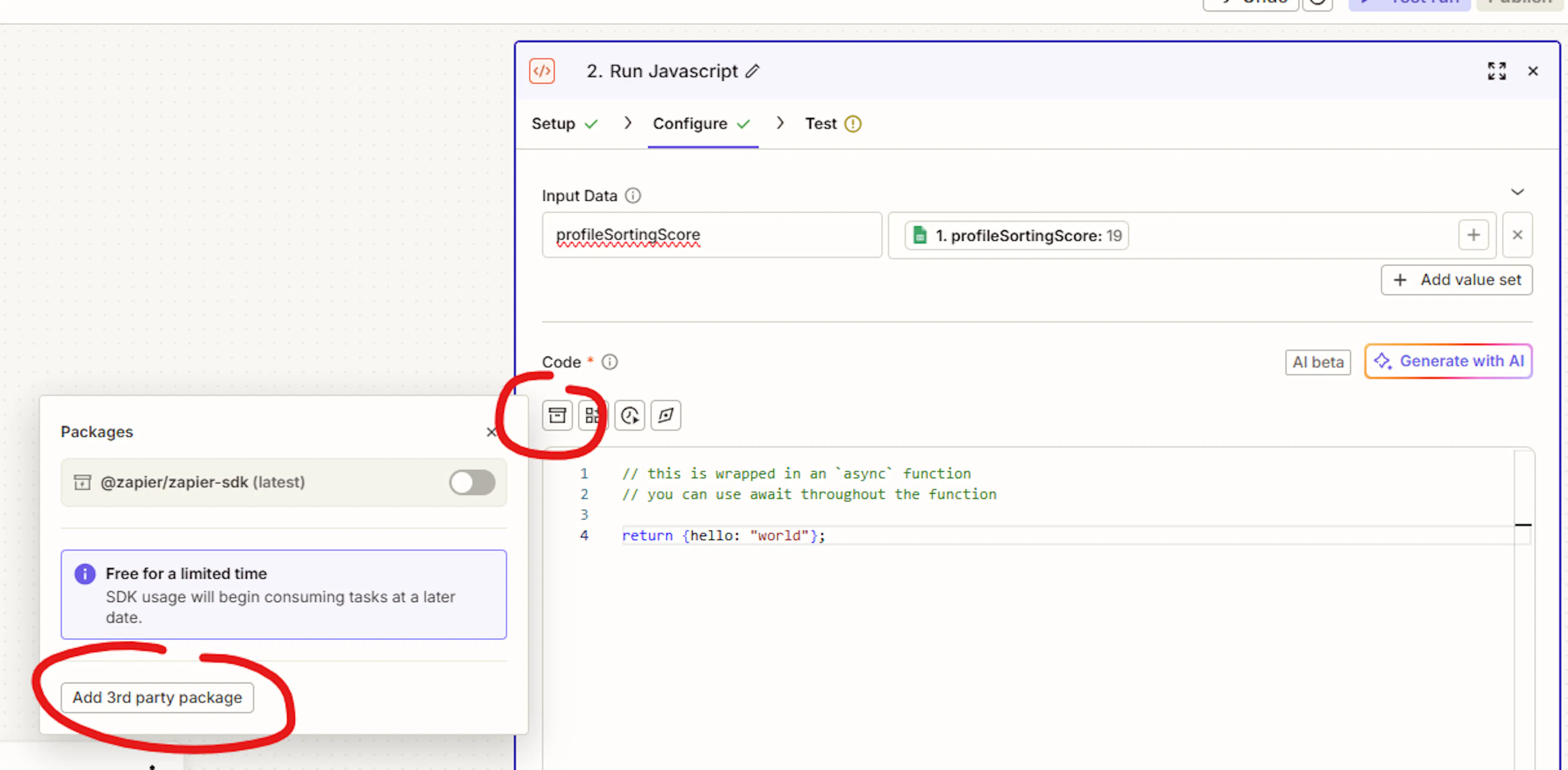 Screenshot of the Zapier "Run Javascript" window