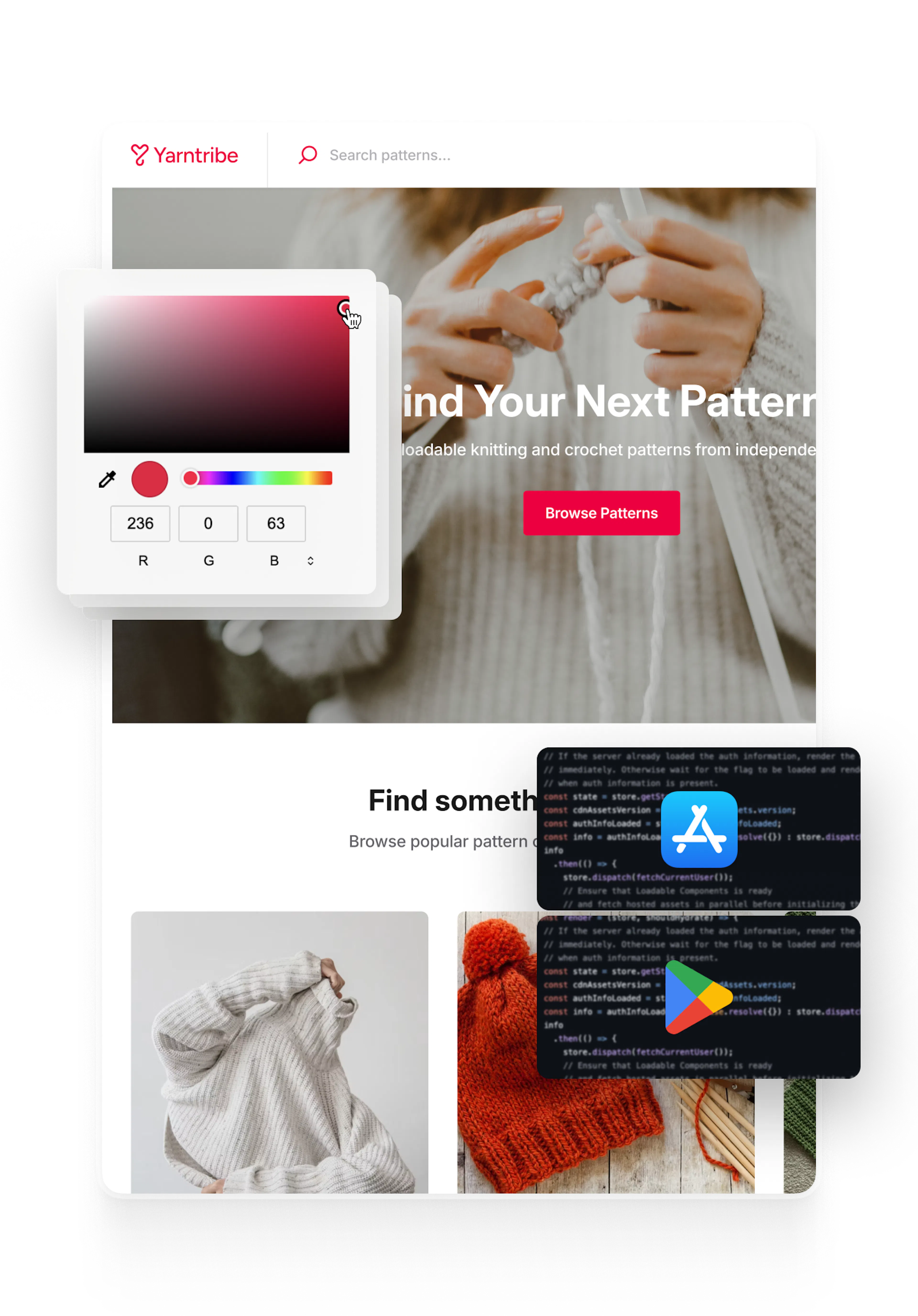 Yarntribe homepage overlaid with a colorpicker and the Apple App Store and Google Play Store logos.