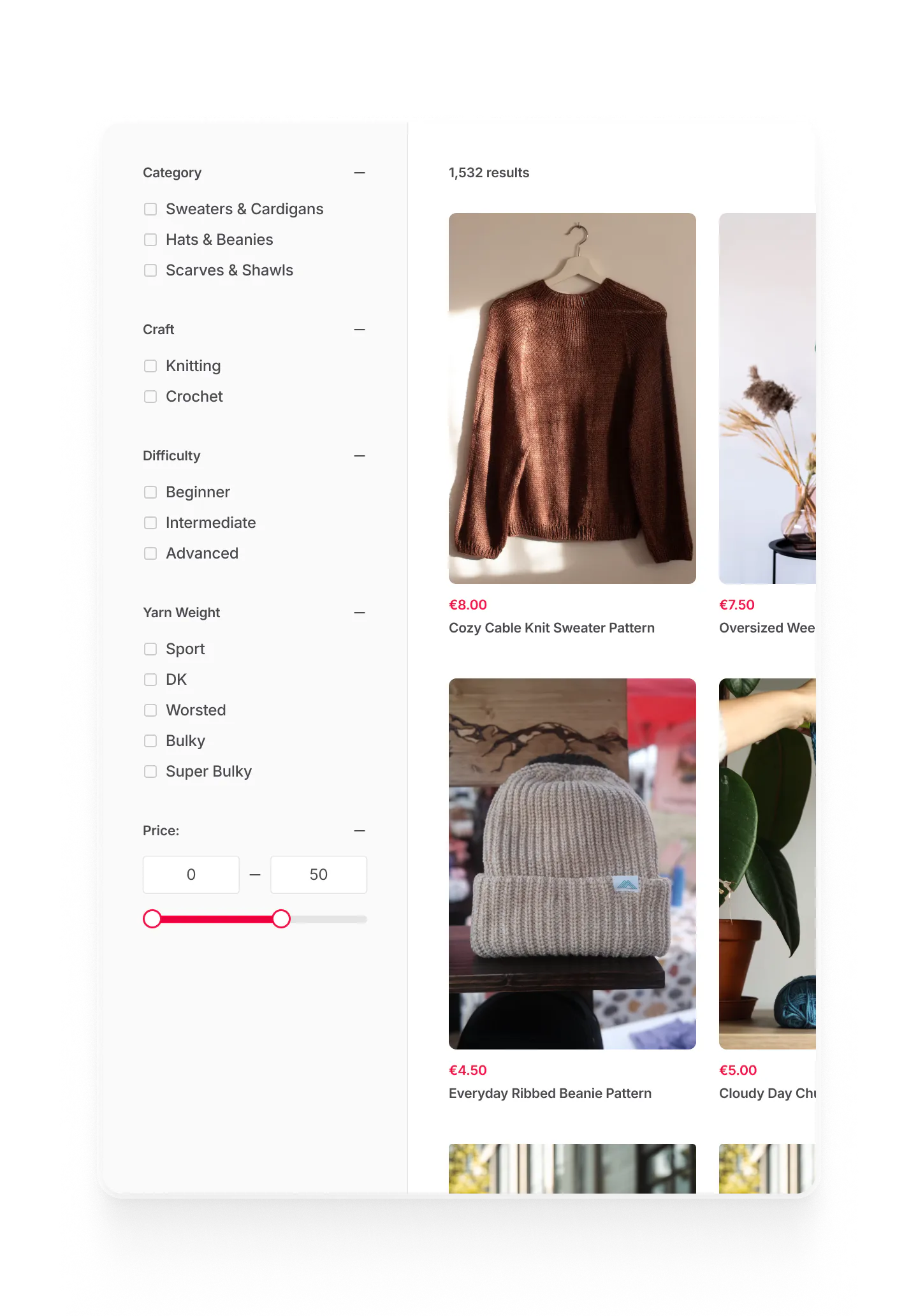 The Yarntribe search page with multiple filters like category, craft, difficulty, and yarn weight.
