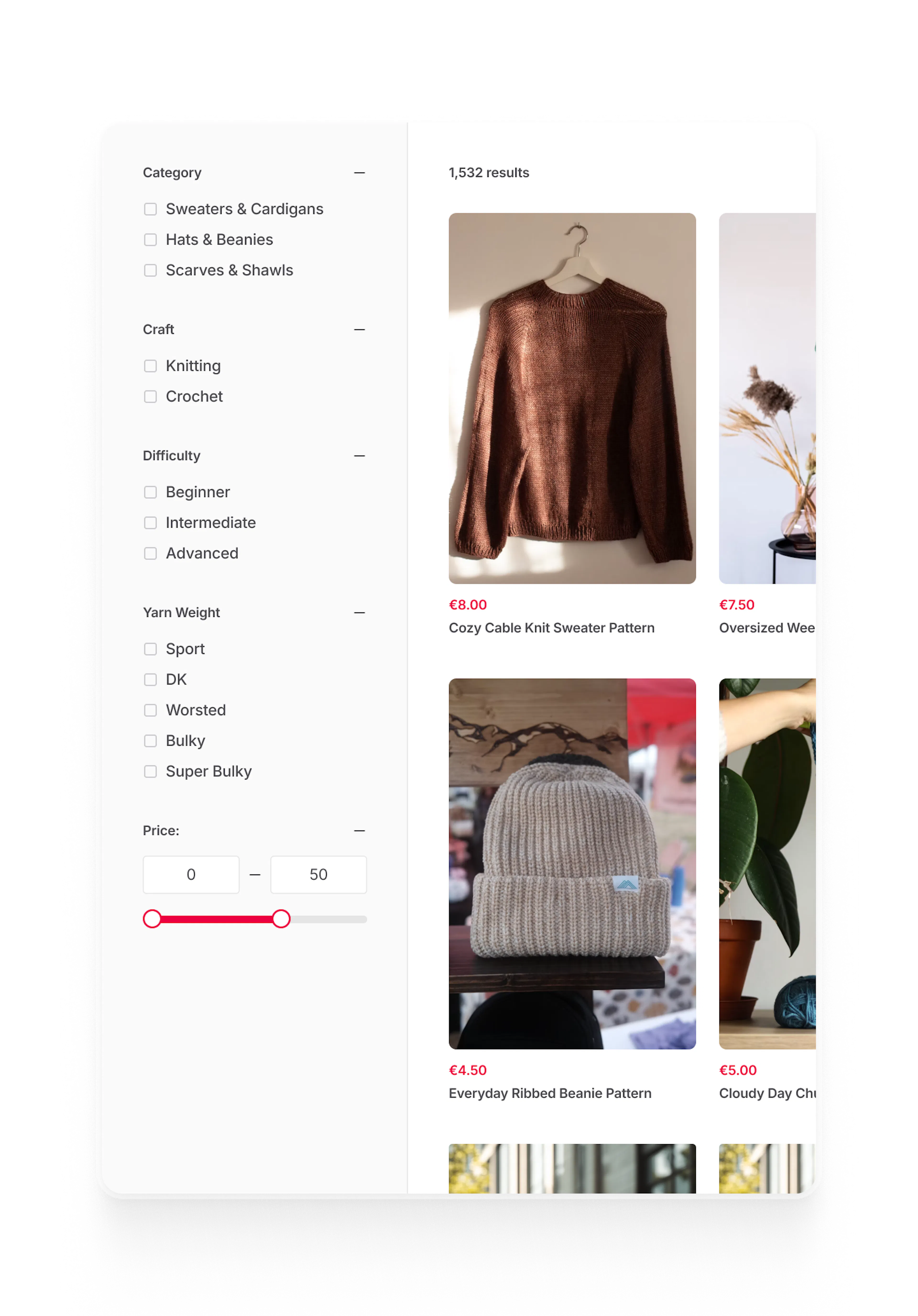 The Yarntribe search page with multiple filters like category, craft, difficulty, and yarn weight.
