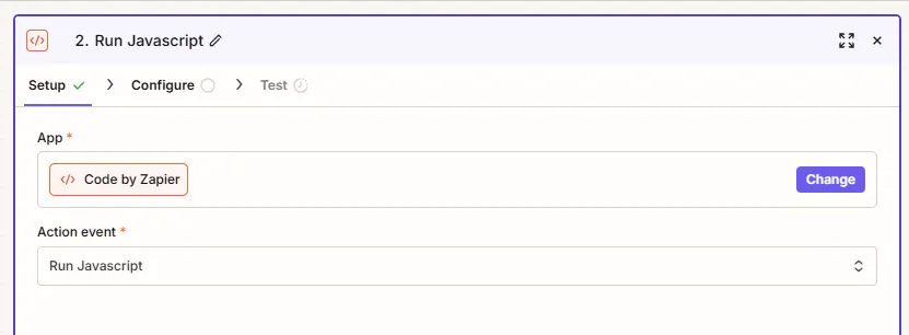 Screenshot of the run javascript in Zapier modal
