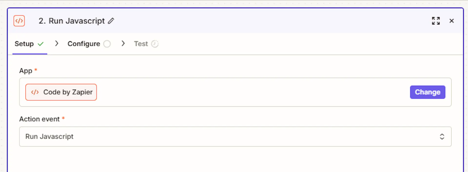 Screenshot of the run javascript in Zapier modal