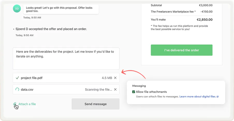 A screenshot of a transaction conversation with file attachments enabled. The provider is uploading the deliverable files into a message.
