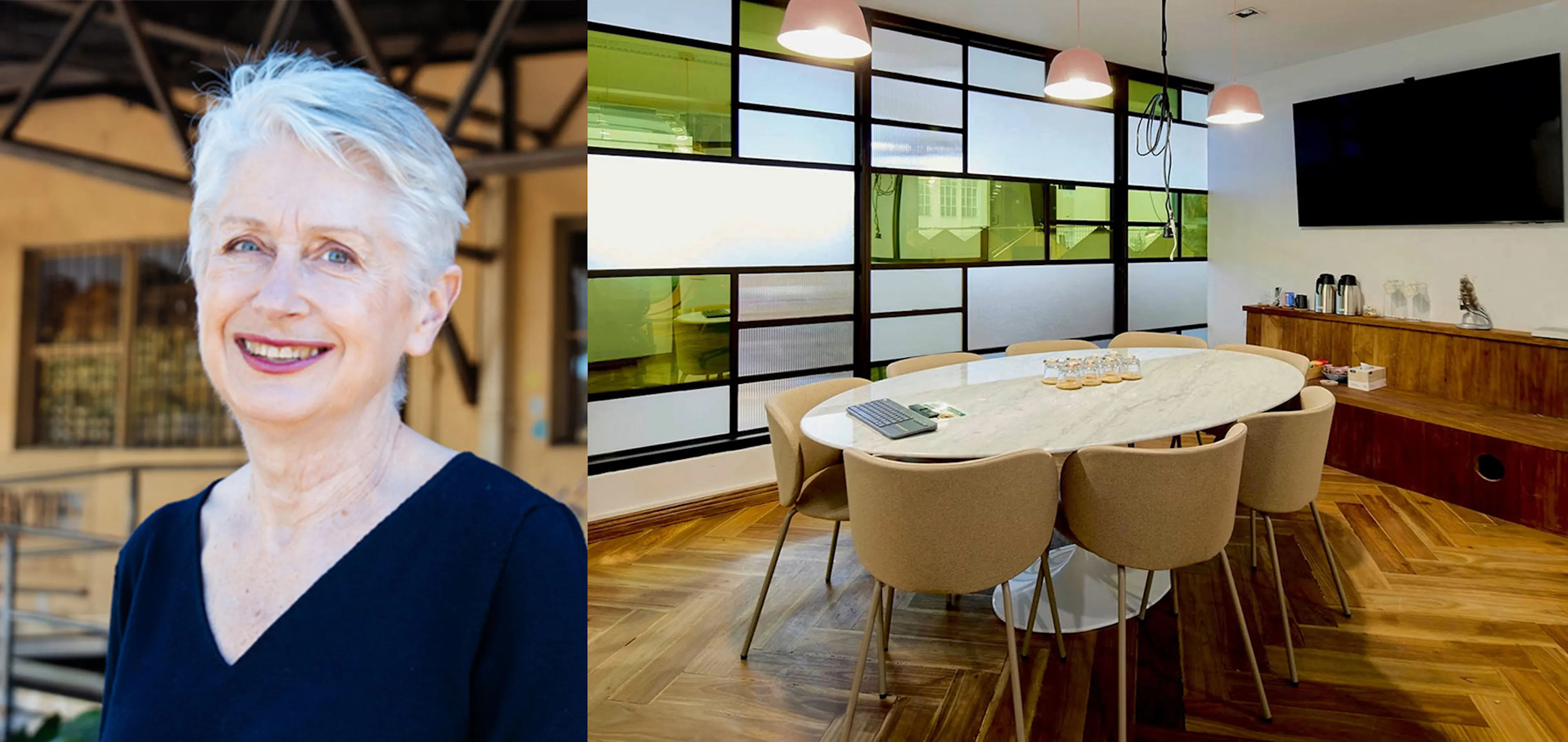A split image, with a portrait of founder Suzanne Campbell on the right and an interior photo of a modern meeting room.