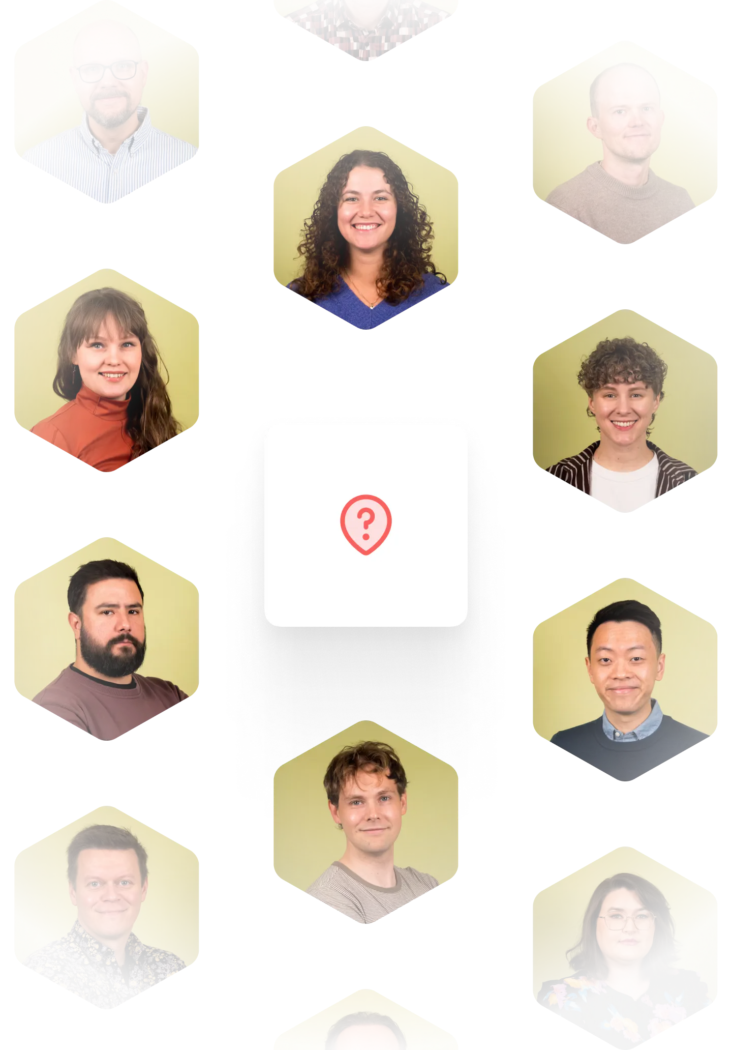 An image of an icon with a question mark surrounded by portraits of the different people working in support at Sharetribe.
