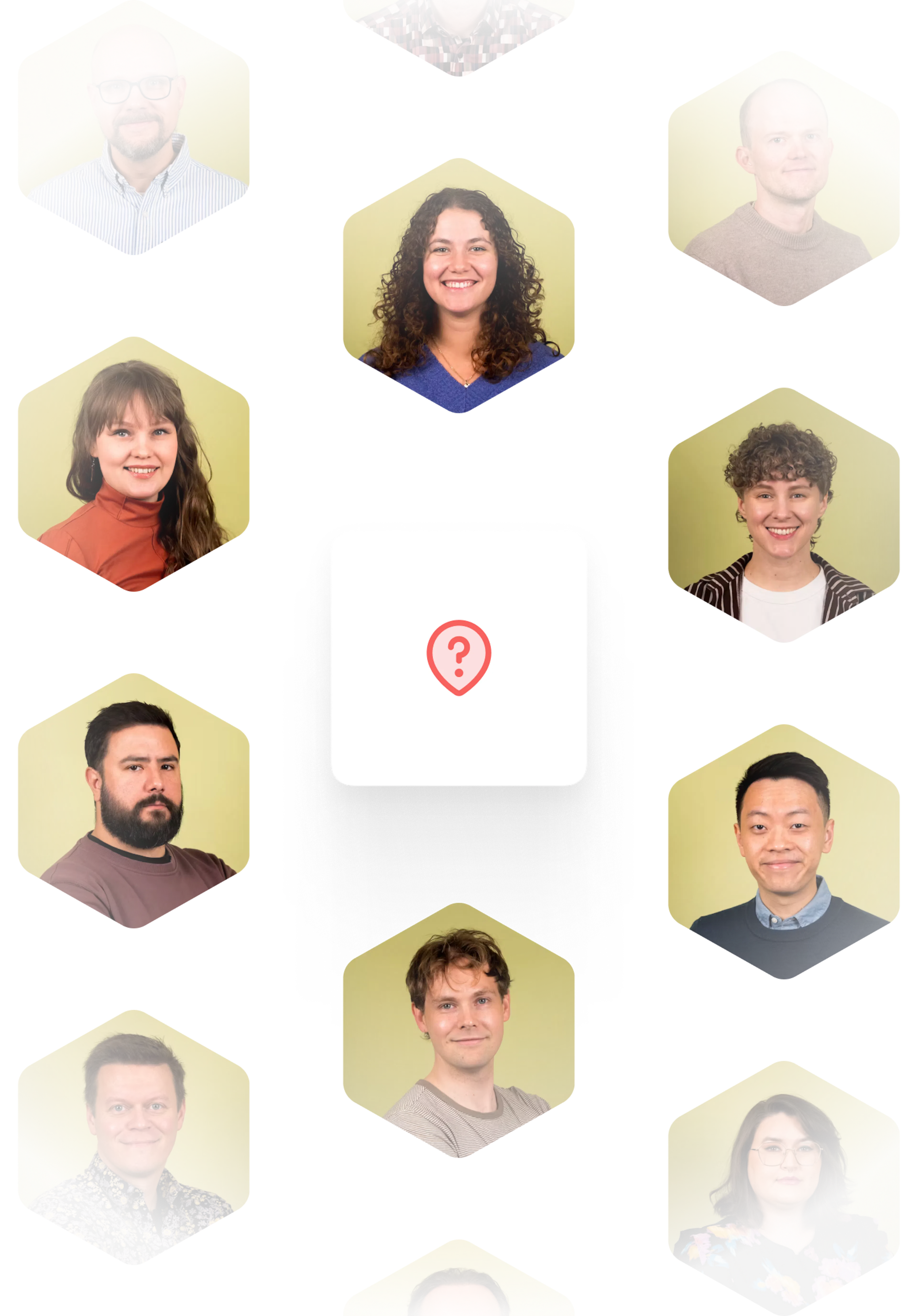 An image of an icon with a question mark surrounded by portraits of the different people working in support at Sharetribe.