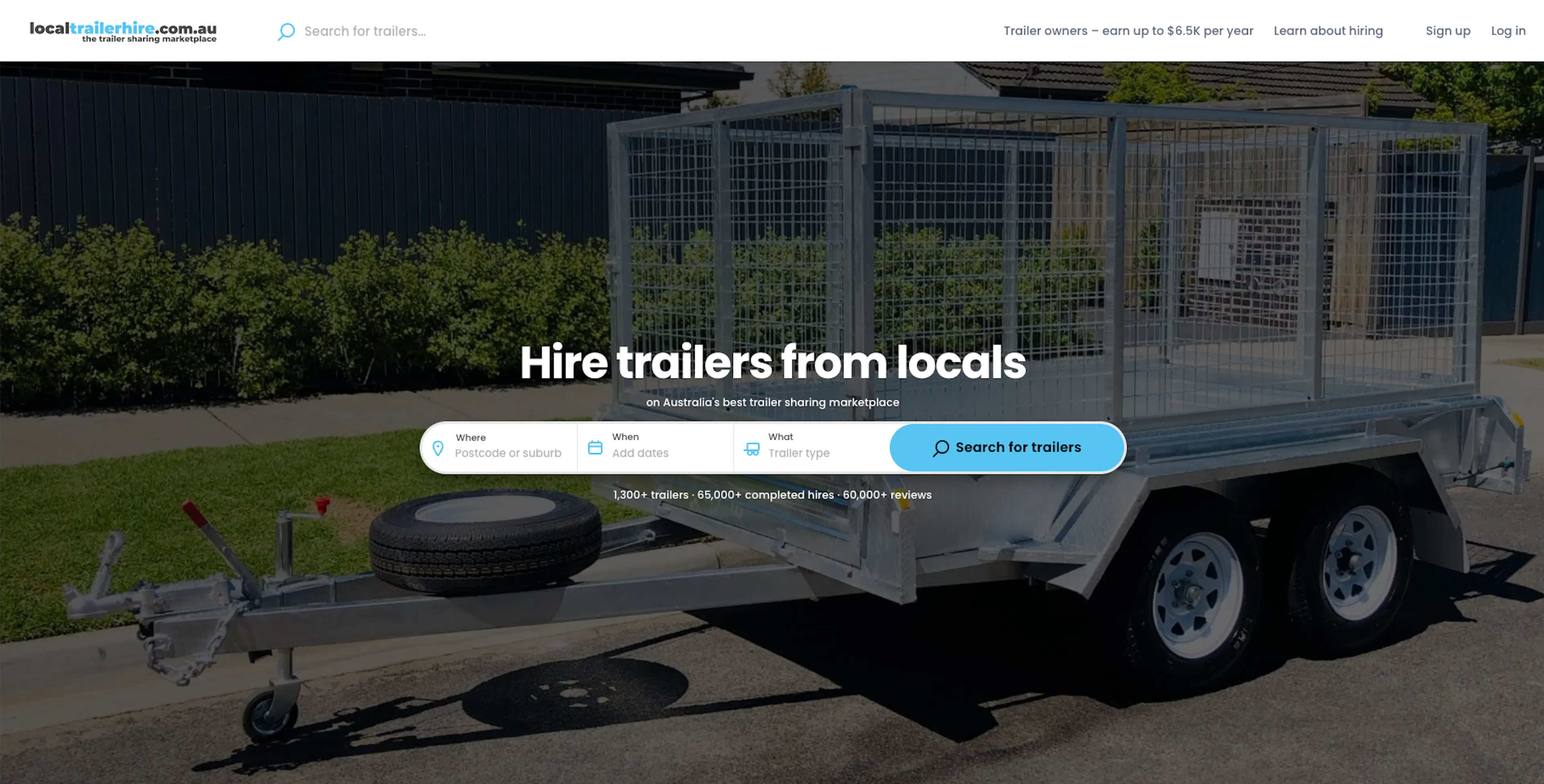 A screenshot of the home page of Local Trailer Hire