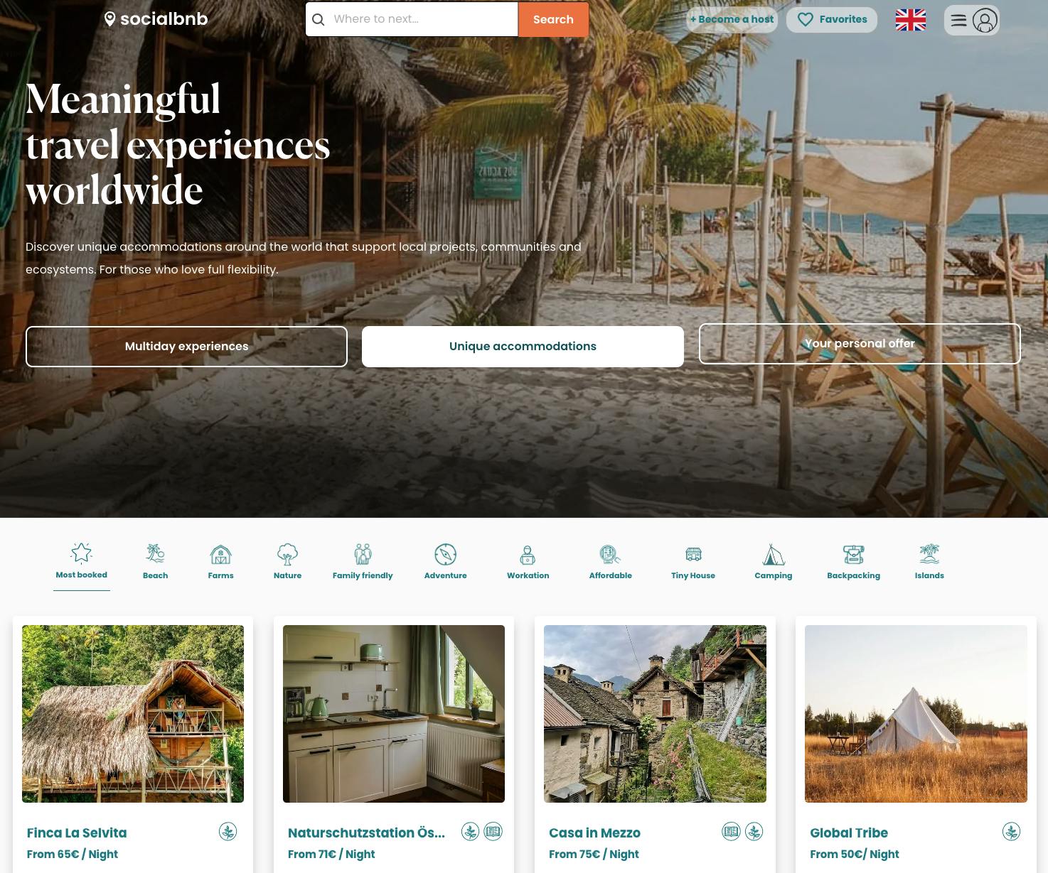 Screenshot of the hompage of Sharetribe customer Socialbnb, a travel marketplace like Airbnb. It's tagline for accommodation offering is "Discover unique accommodations around the world that support local projects, communities and ecosystems. For those who love full flexibility."