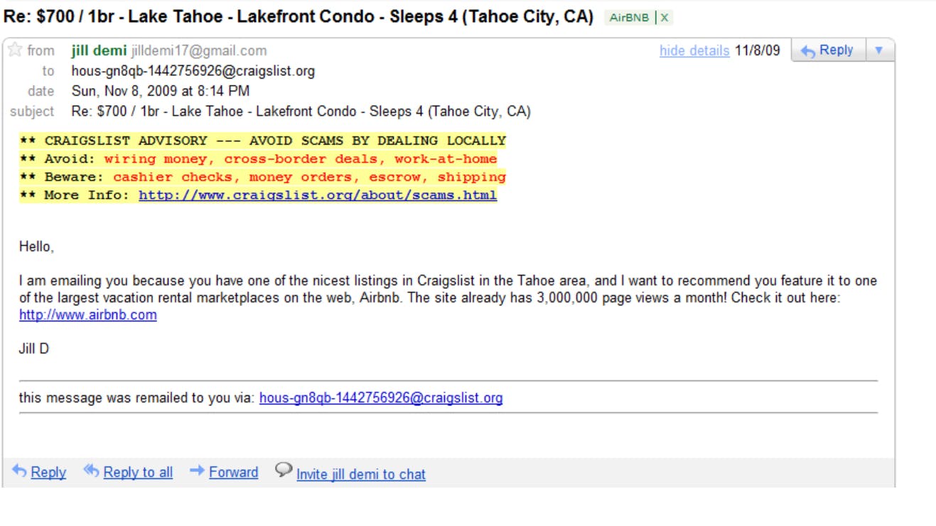 Screenshot of an email from "Jill D" to a Craigslist host that reads: "Hello, I an emailing you because you have one of the nicest listings on Craigslist in the Tahoe area, and I want to recommend you feature it on one of the largest vacation rental marketplaces on the web, Airbnb. The site already has 3,000,000 page views a month! Check it out here: HTTP://www.airbnb.com".