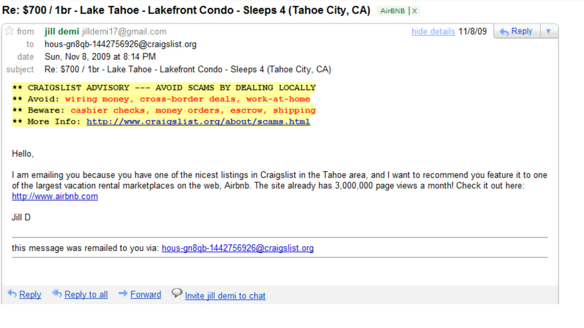 Screenshot of an email from "Jill D" to a Craigslist host that reads: "Hello, I an emailing you because you have one of the nicest listings on Craigslist in the Tahoe area, and I want to recommend you feature it on one of the largest vacation rental marketplaces on the web, Airbnb. The site already has 3,000,000 page views a month! Check it out here: HTTP://www.airbnb.com".