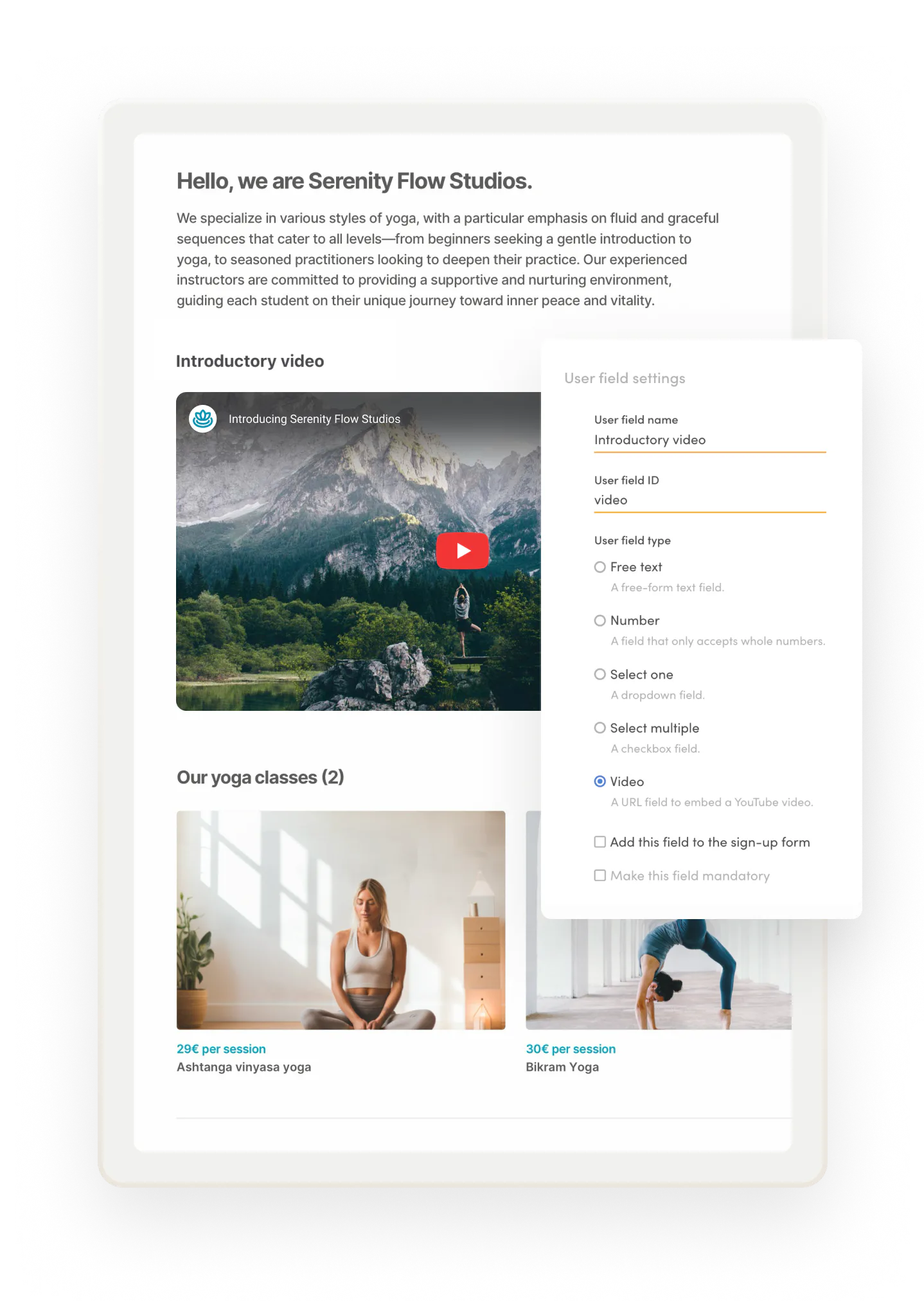 A sample profile page for a yoga class provider called Serenity Flow Studios. The page has an introductory video.