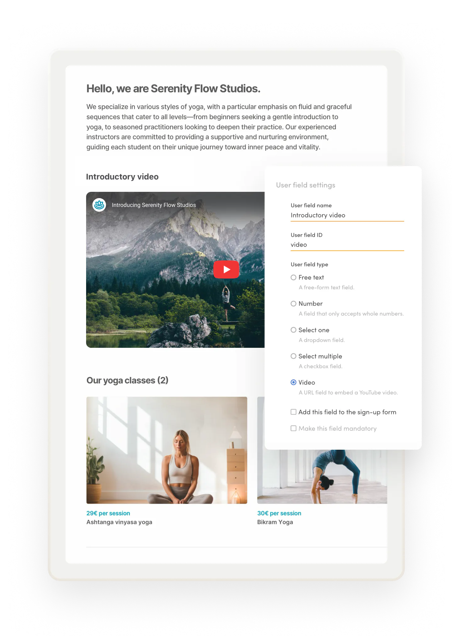 A sample profile page for a yoga class provider called Serenity Flow Studios. The page has an introductory video.