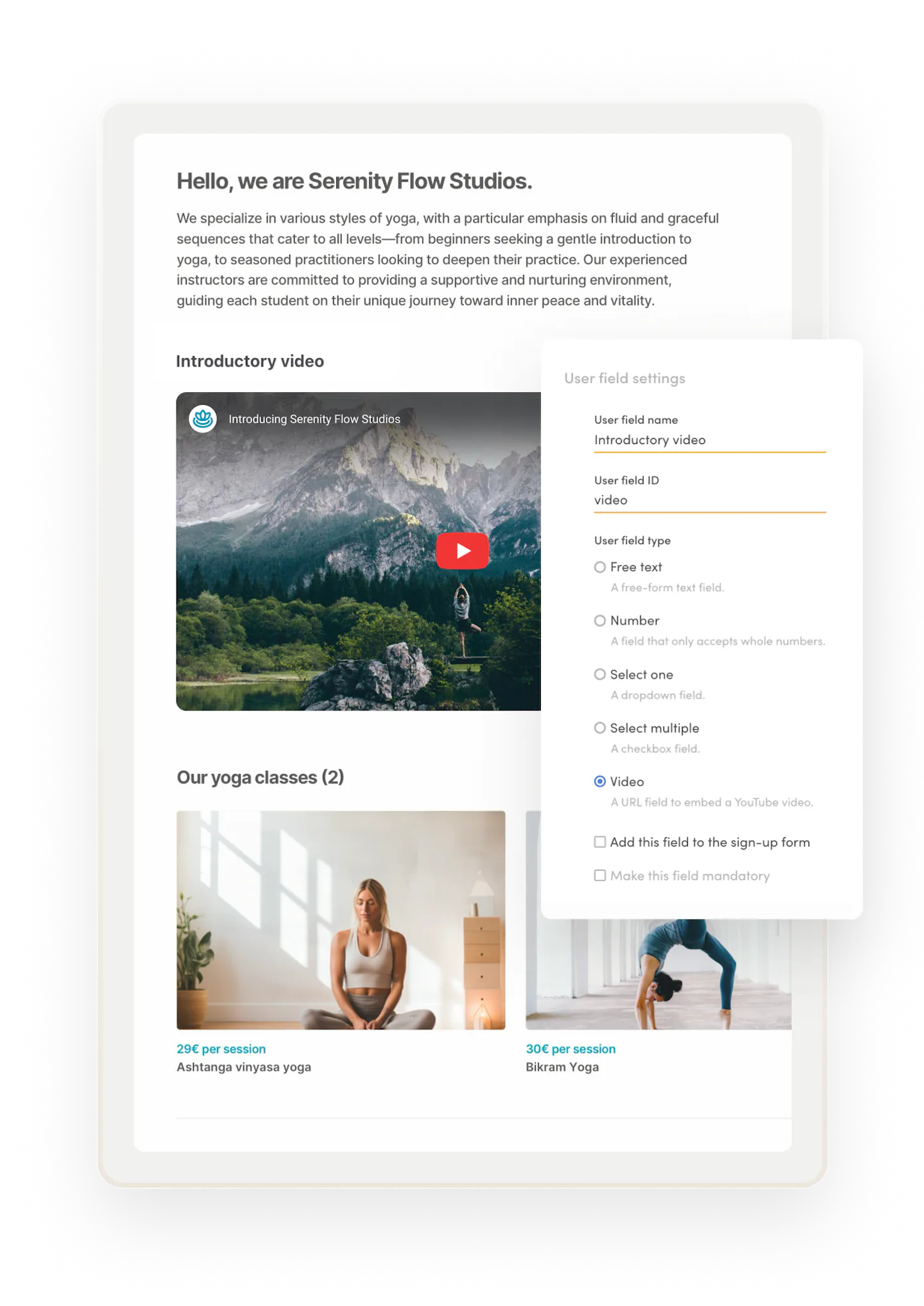 A sample profile page for a yoga class provider called Serenity Flow Studios. The page has an introductory video.