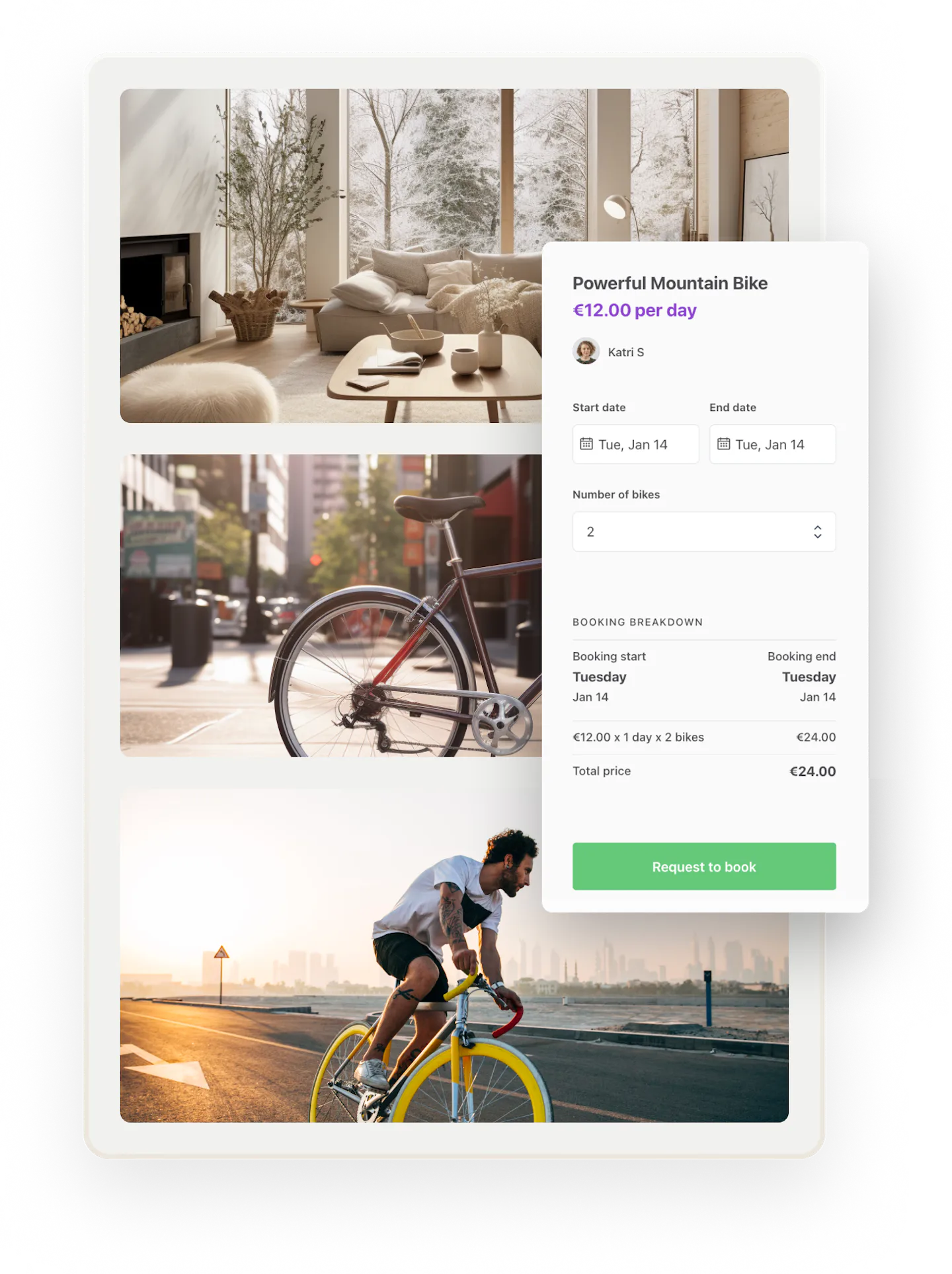 A customer is about to book two bikes for one day. A breakdown shows the price of the booking.