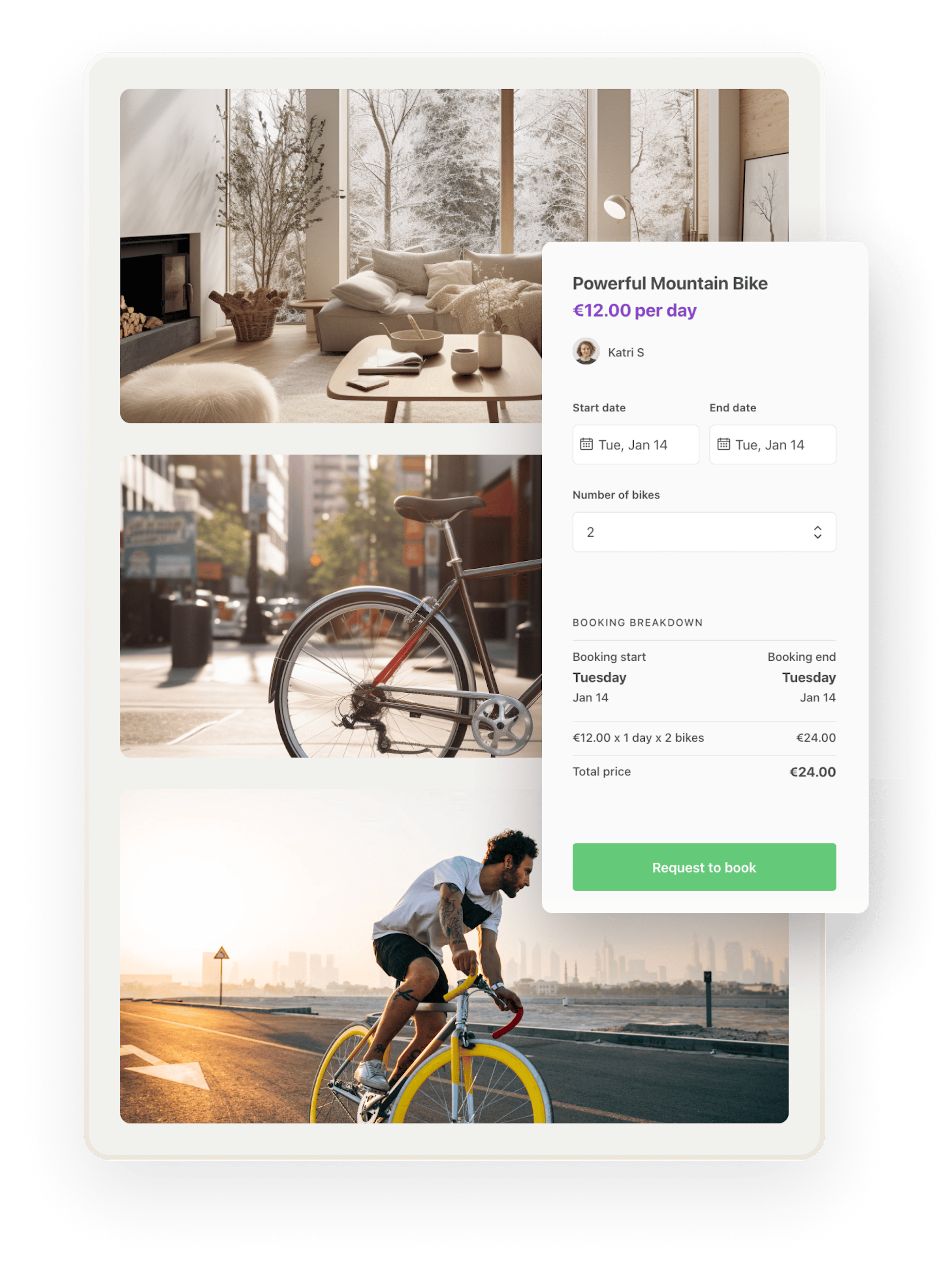 A customer is about to book two bikes for one day. A breakdown shows the price of the booking.