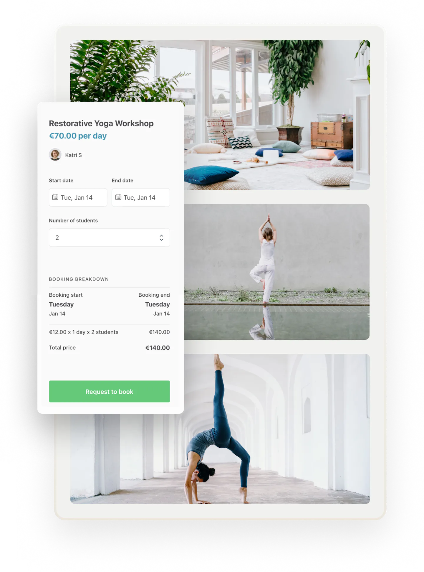 A customer is about to book two seats for a day-long yoga workshop. A breakdown shows the price of the booking.