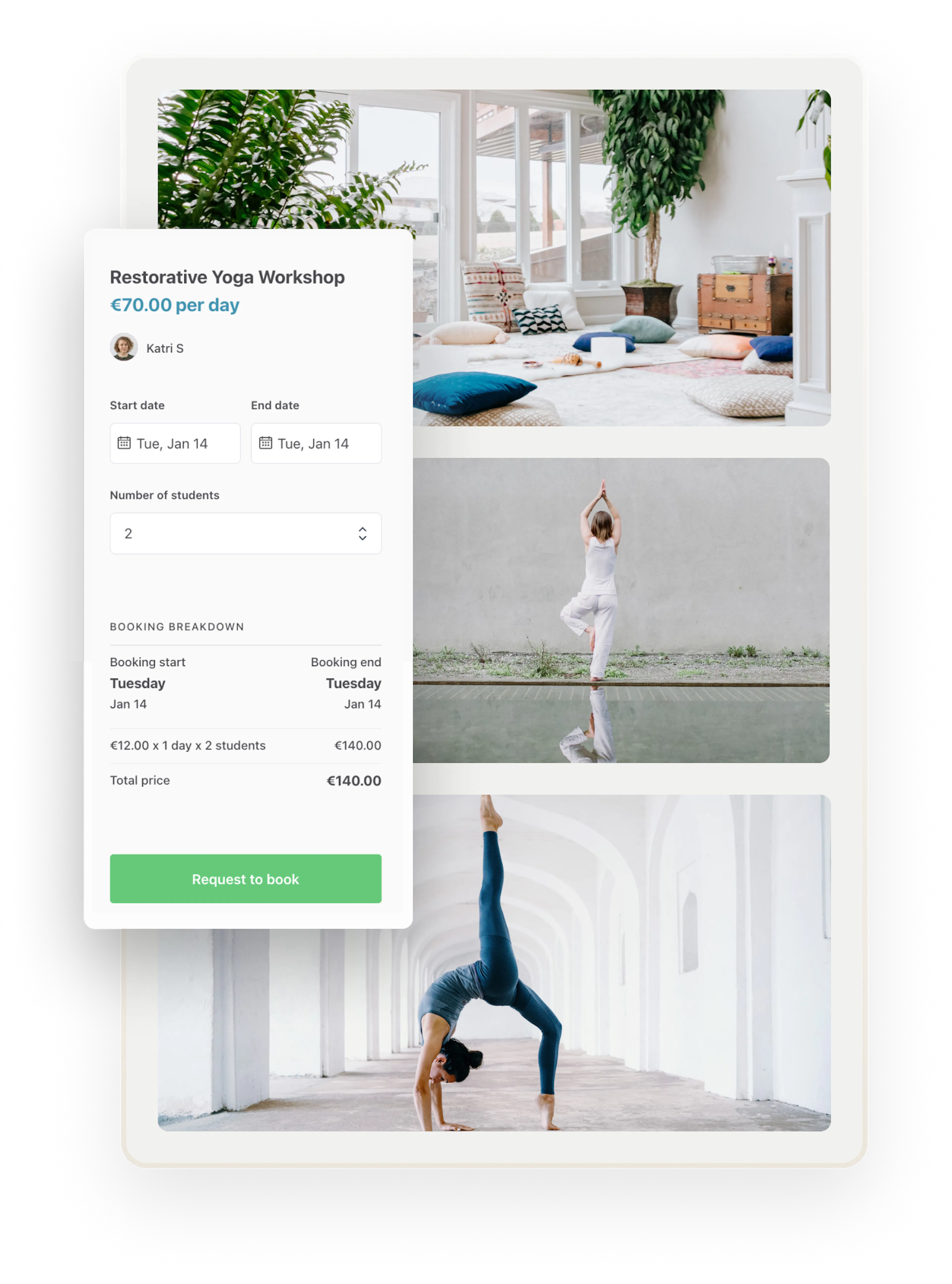 A customer is about to book two seats for a day-long yoga workshop. A breakdown shows the price of the booking.