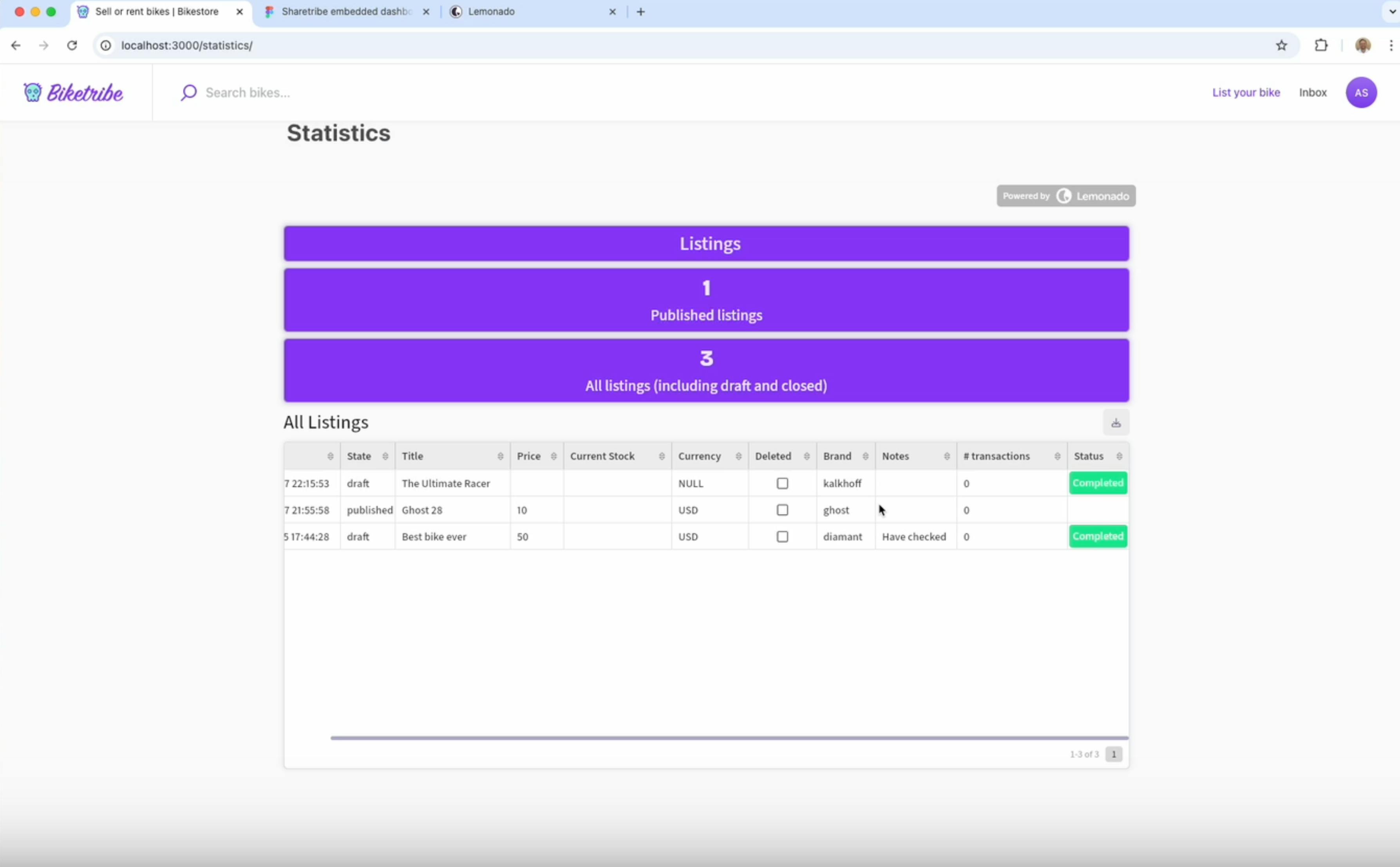 The Lemonado dashboard embedded into a marketplace application