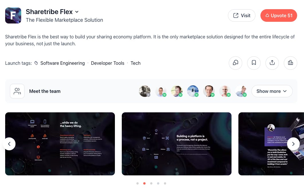 Screenshot of Sharetribe Flex's Product Hunt launch in 2018. The copy reads "Sharetribe Flex. The Flexible Marketplace Solution. Sharetribe Flex is the best way to build your sharing economy platform. It is the only marketplace solution designed for the entire lifecycle of your business, not just the launch."