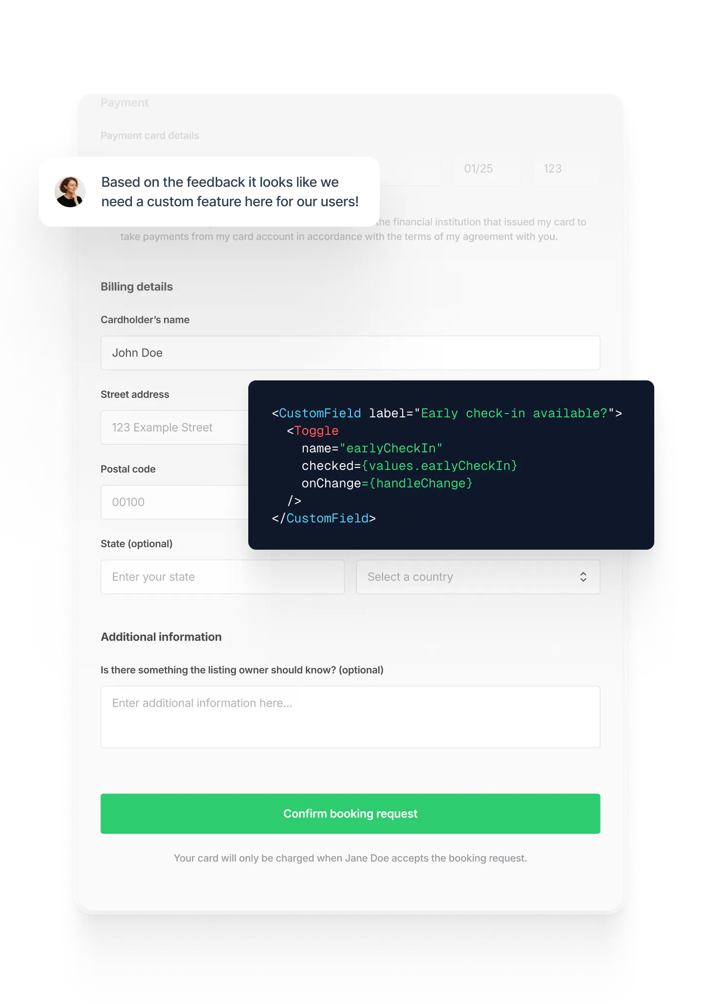 A founder has noticed the need for a custom feature in their checkout form and is messaging a request to an Expert.