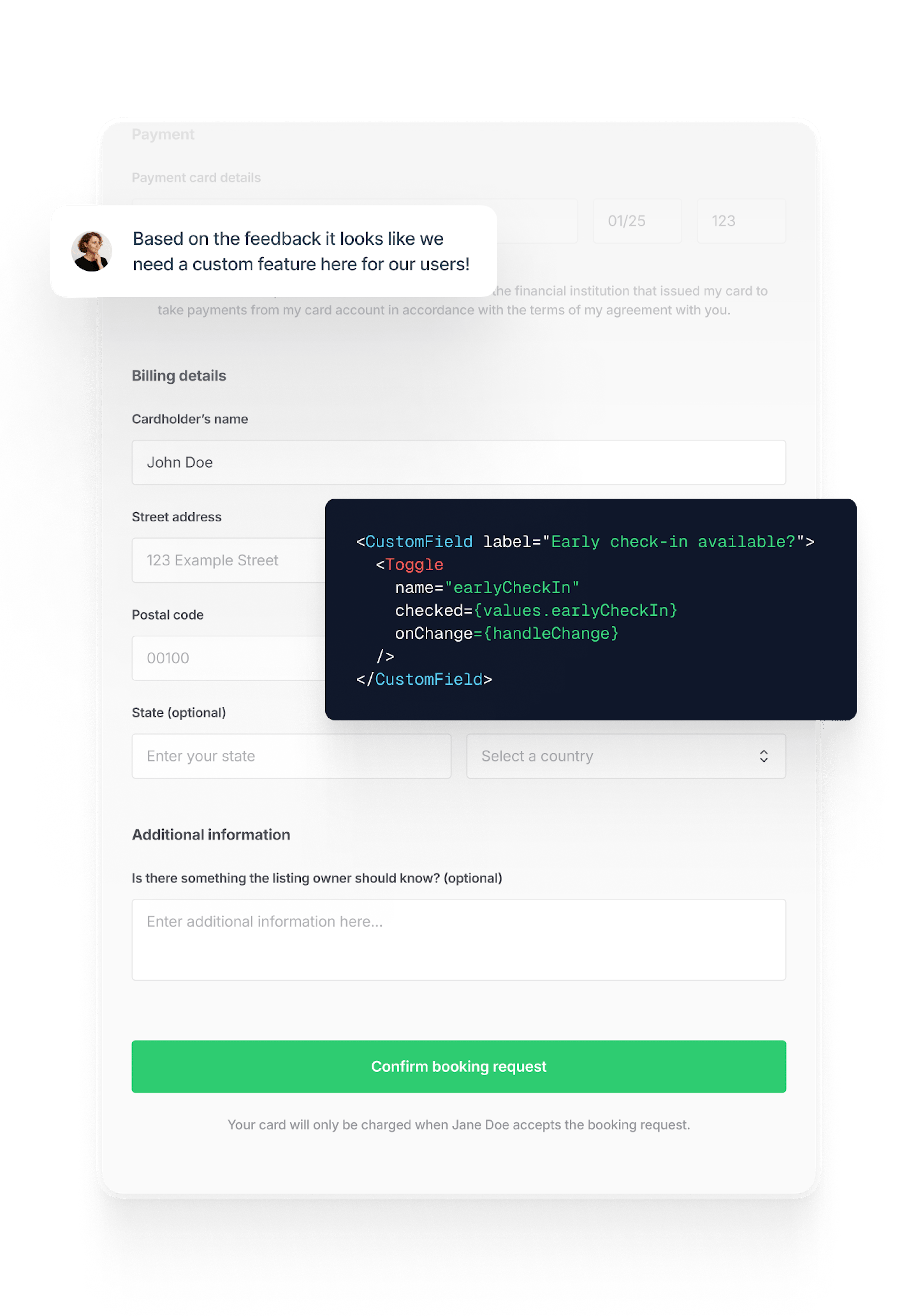 A founder has noticed the need for a custom feature in their checkout form and is messaging a request to an Expert.