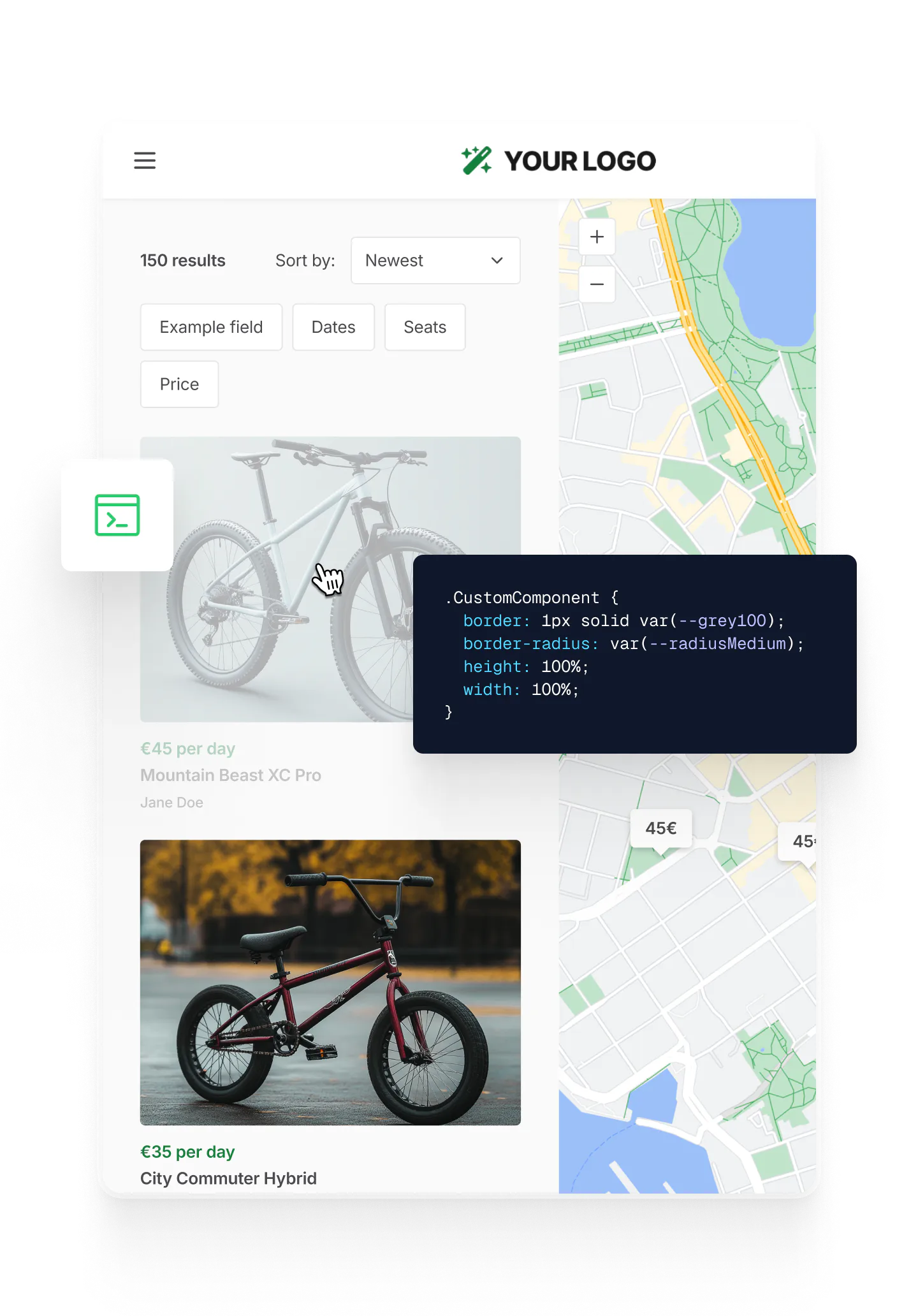 A sample marketplace with CSS code on top: an Expert is adding a custom component to the marketplace.