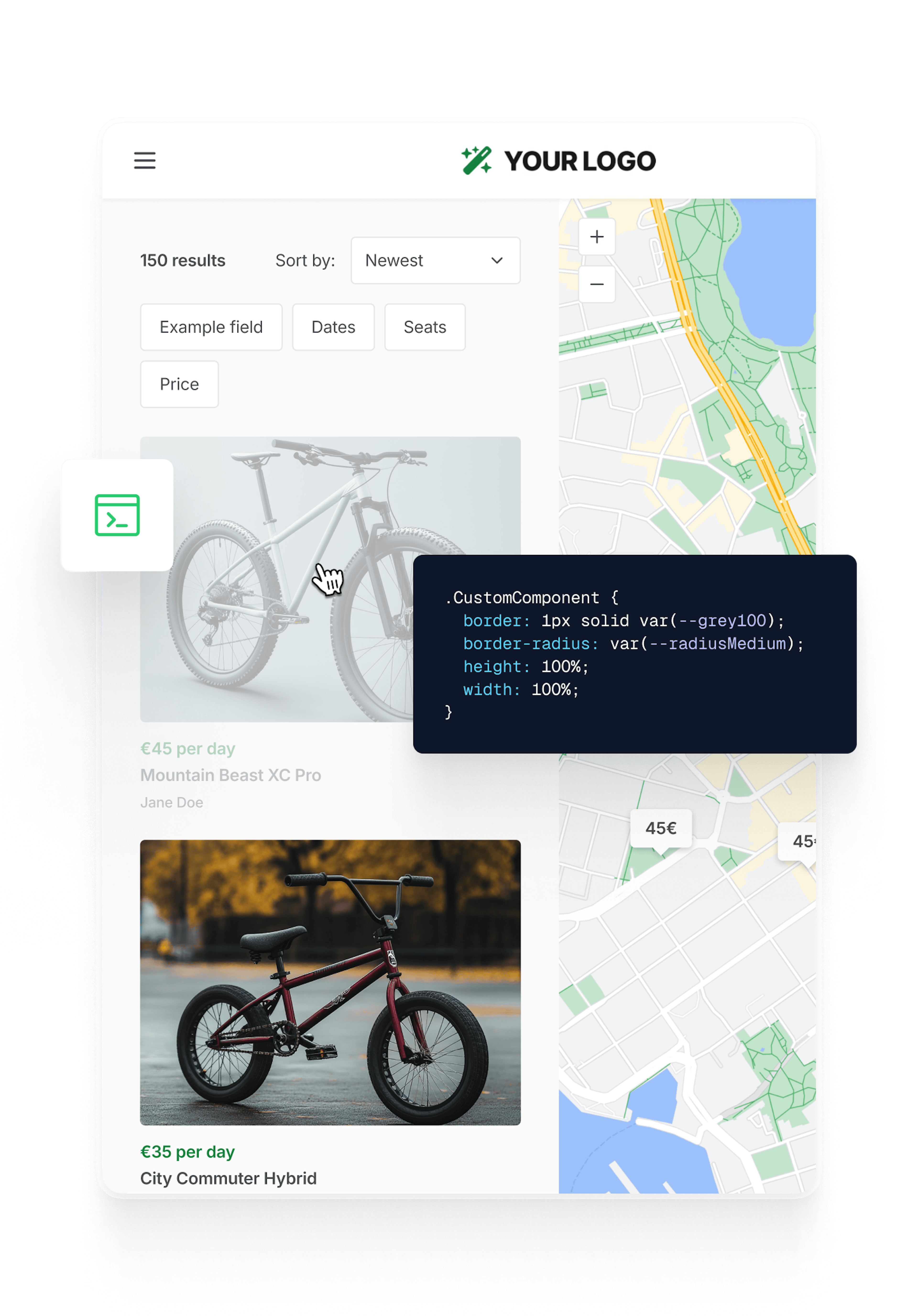 A sample marketplace with CSS code on top: an Expert is adding a custom component to the marketplace.