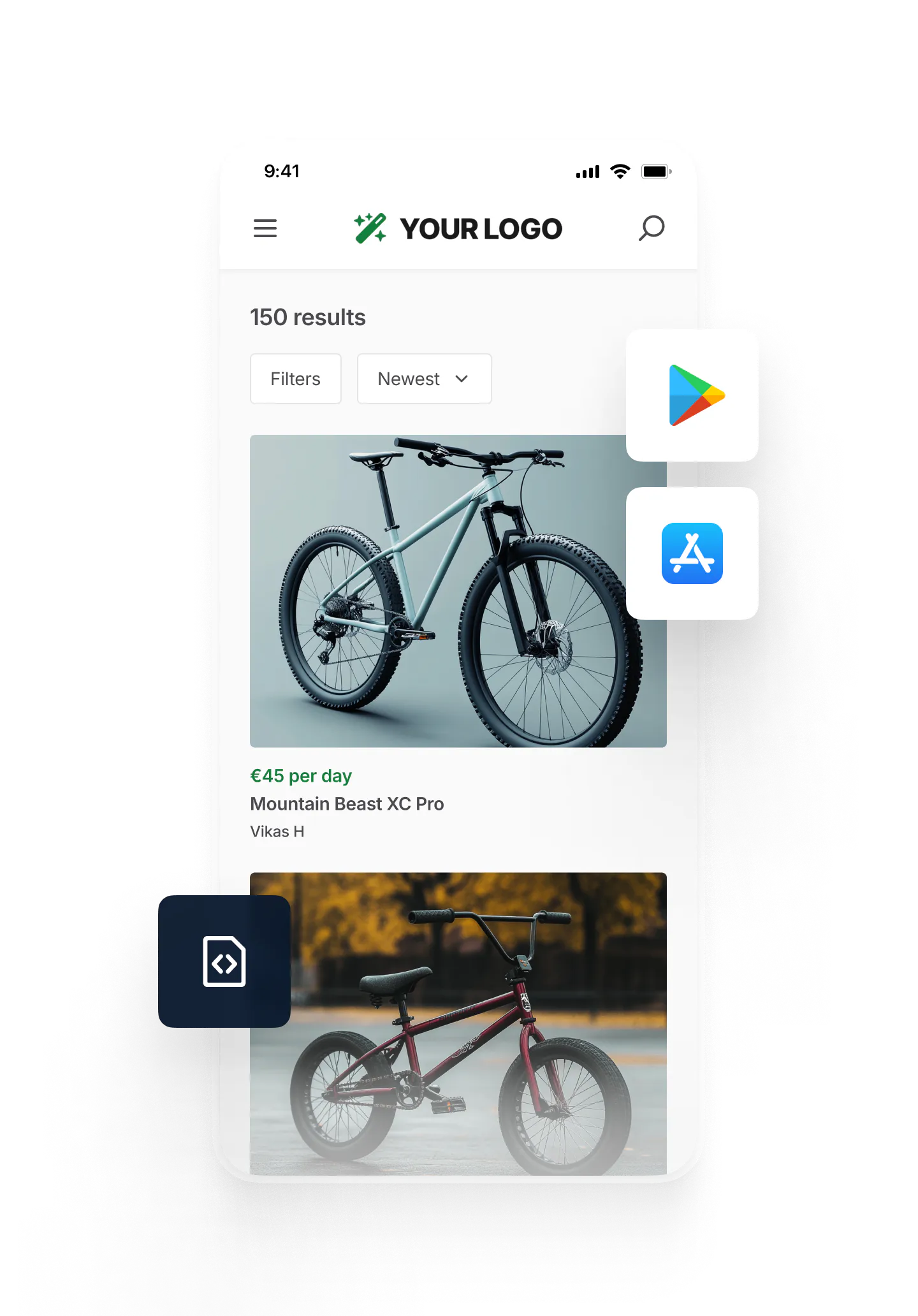 An example marketplace as a mobile app. Overlaid are logos of the Apple and Android app stores. 