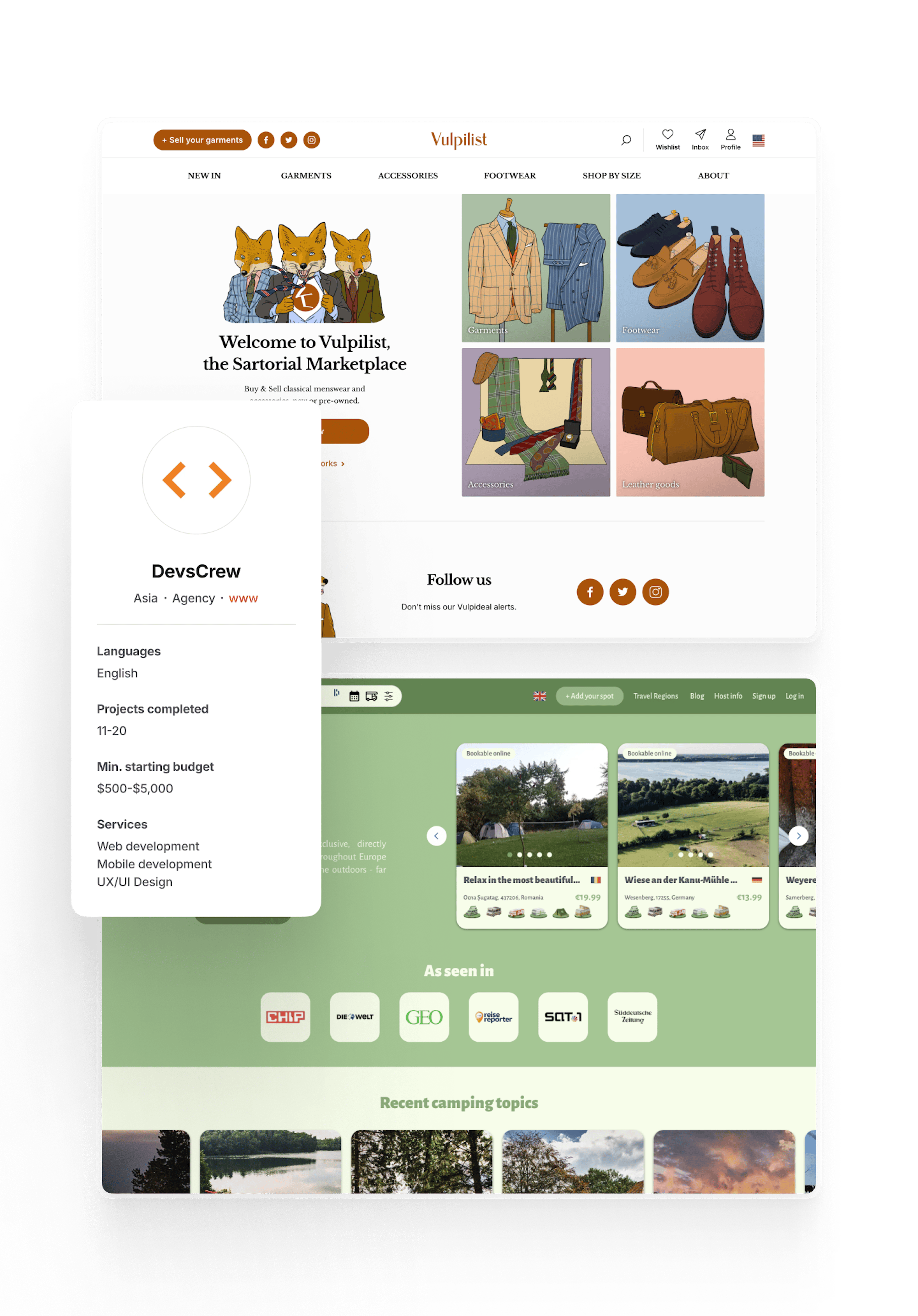 Example custom-designed Sharetribe marketplaces overlaid with the info an example Expert who has worked on 11 to 20 Sharetribe marketplaces in the past.