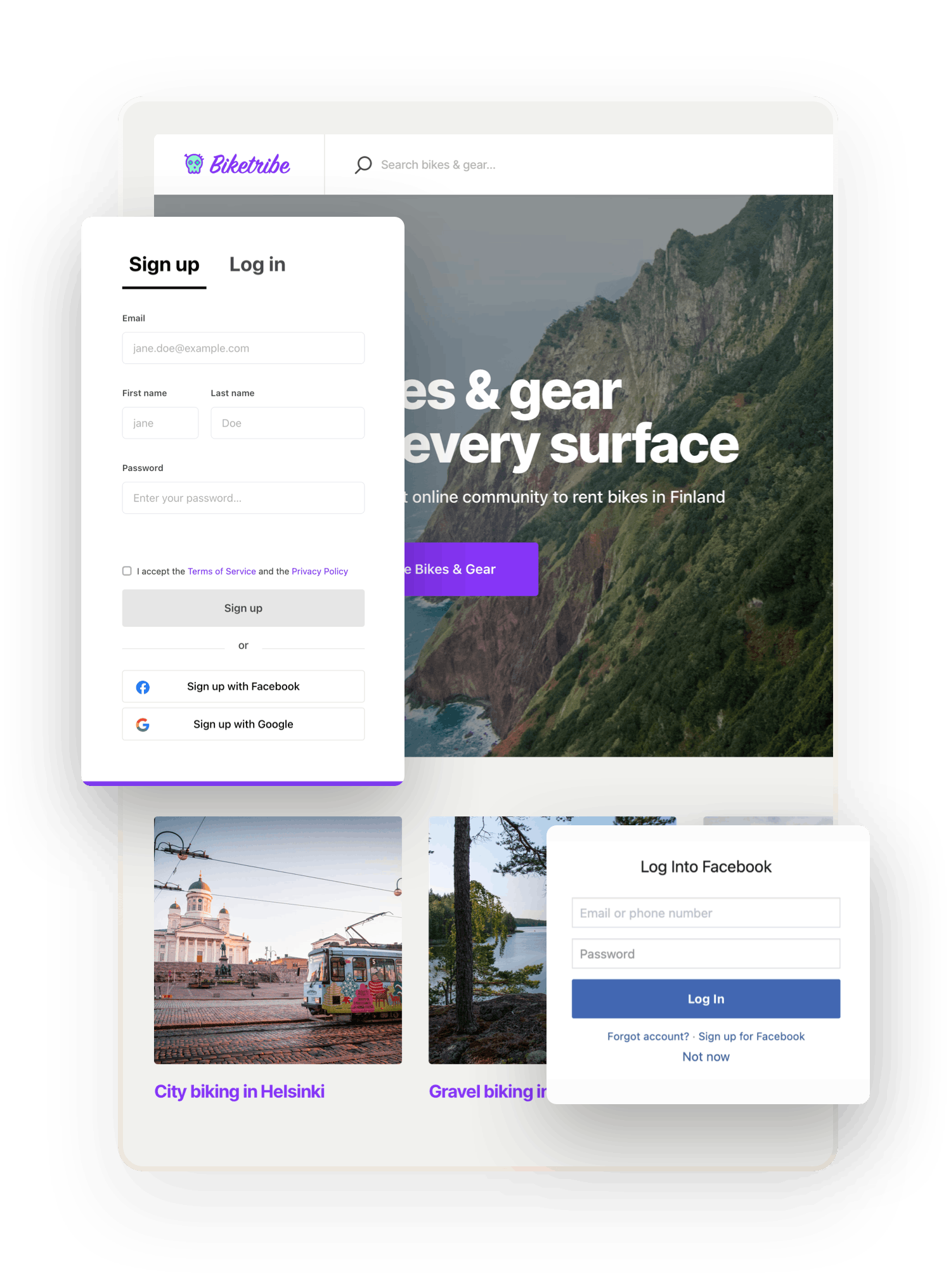 The landing page of a sample marketplace for bikes is overlaid with a signup form with fields with the option to sign up through Facebook. Another overlaid box shows the Facebook login form.