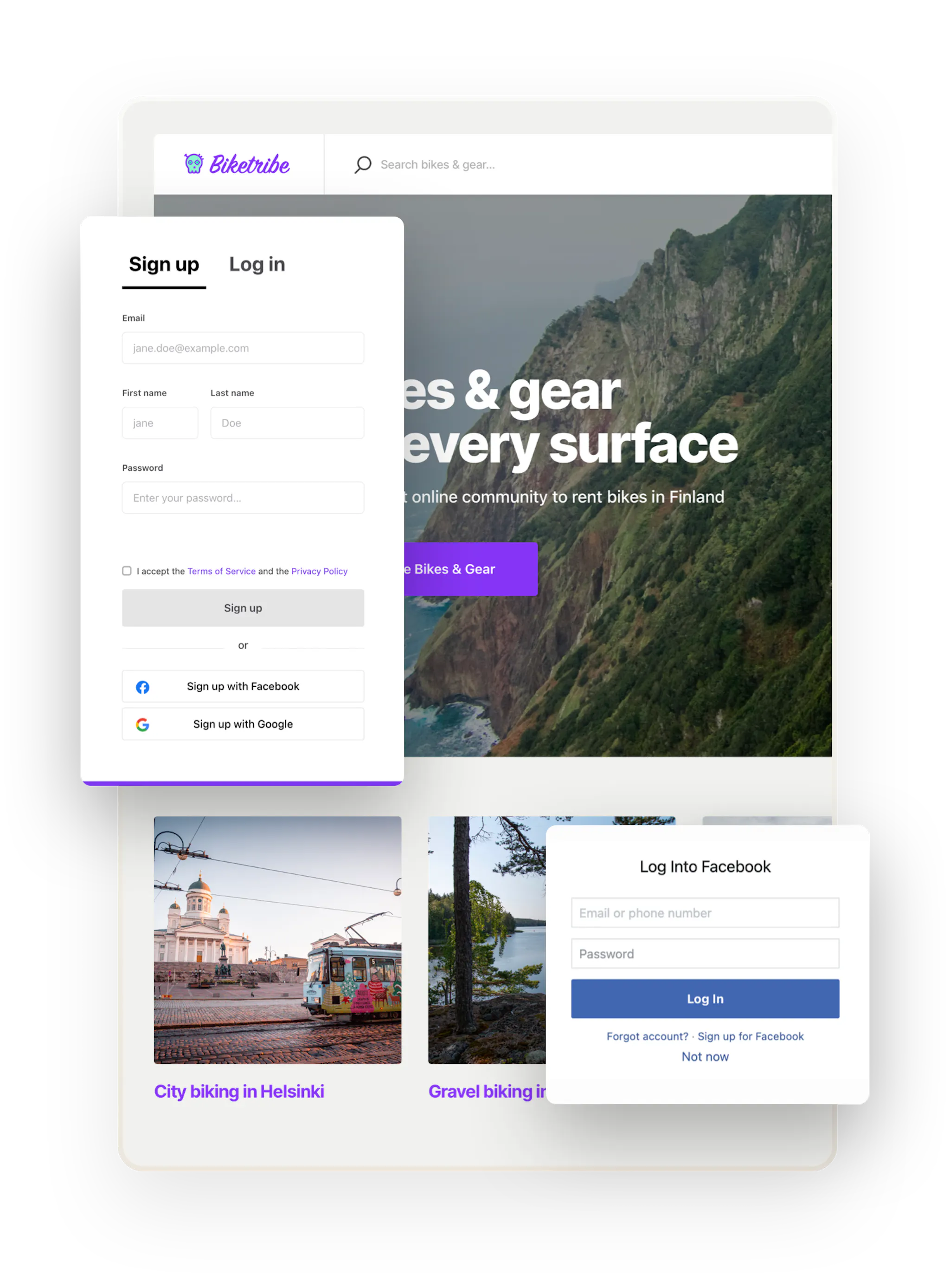The landing page of a sample marketplace for bikes is overlaid with a signup form with fields with the option to sign up through Facebook. Another overlaid box shows the Facebook login form.