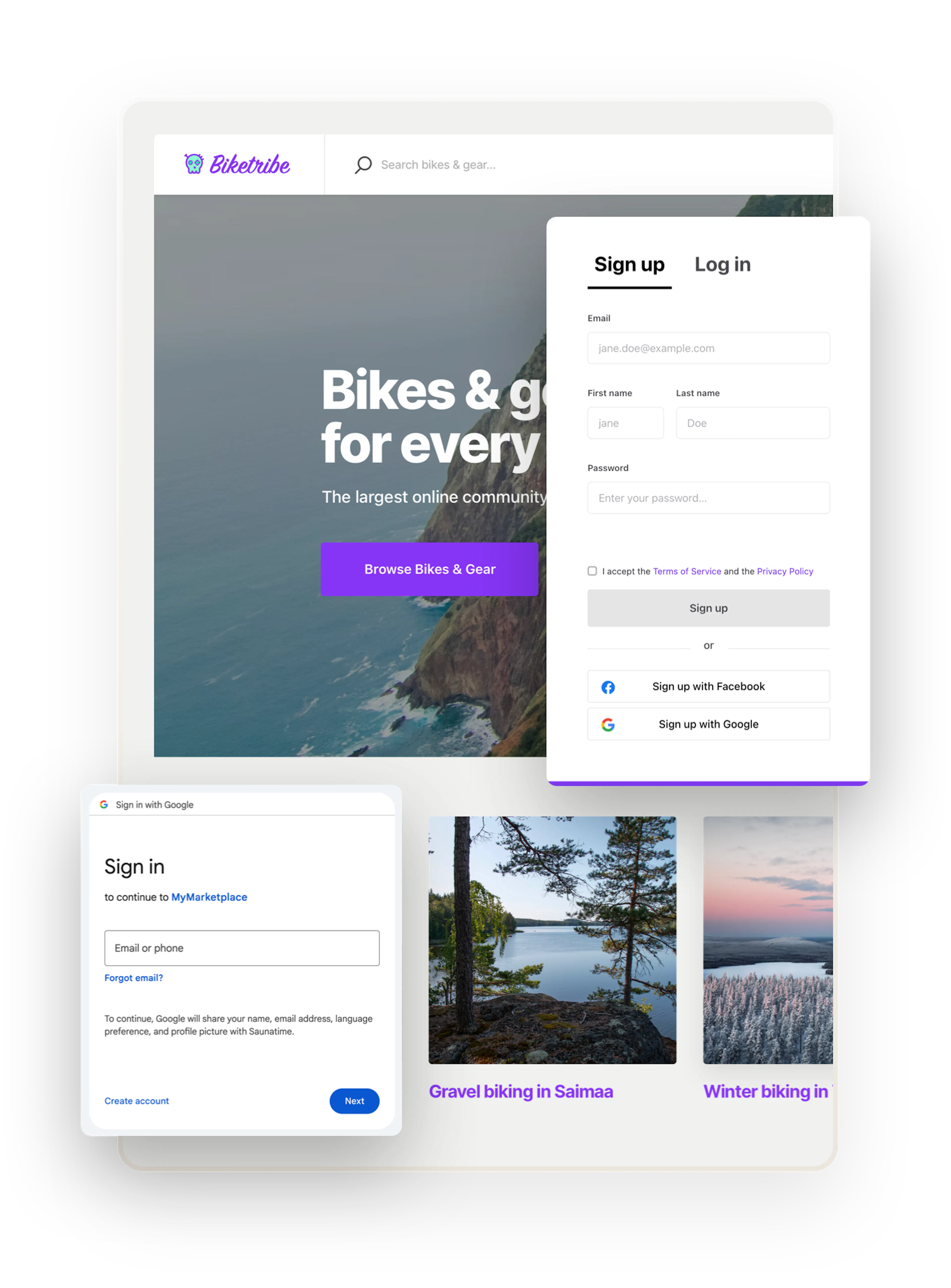 The landing page of a sample marketplace for yoga classes is overlaid with a signup form with fields with the option to sign up through Google. Another overlaid box shows the Google login form.