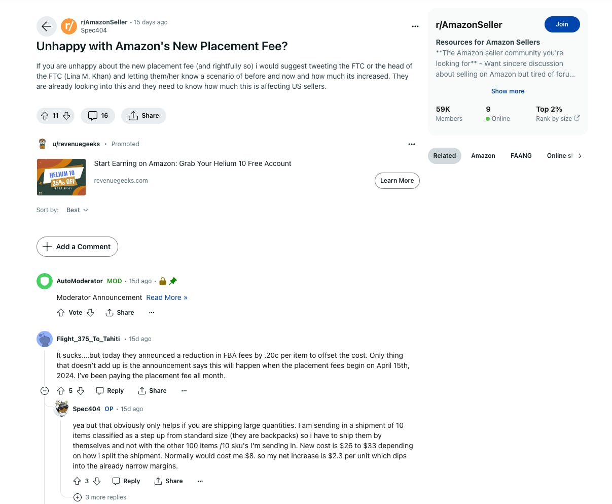 A screenshot from the r/AmazonSellers subreddit where users are sharing their unhappiness about Amazon's new placement fees.