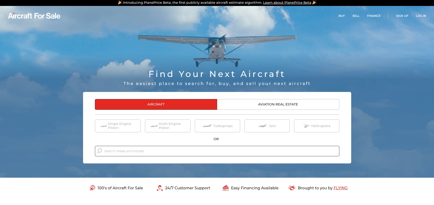 Sharetribe customer Aircraft For Sale landing page. It's a buying-and-selling marketplace like Amazon for aircrafts.