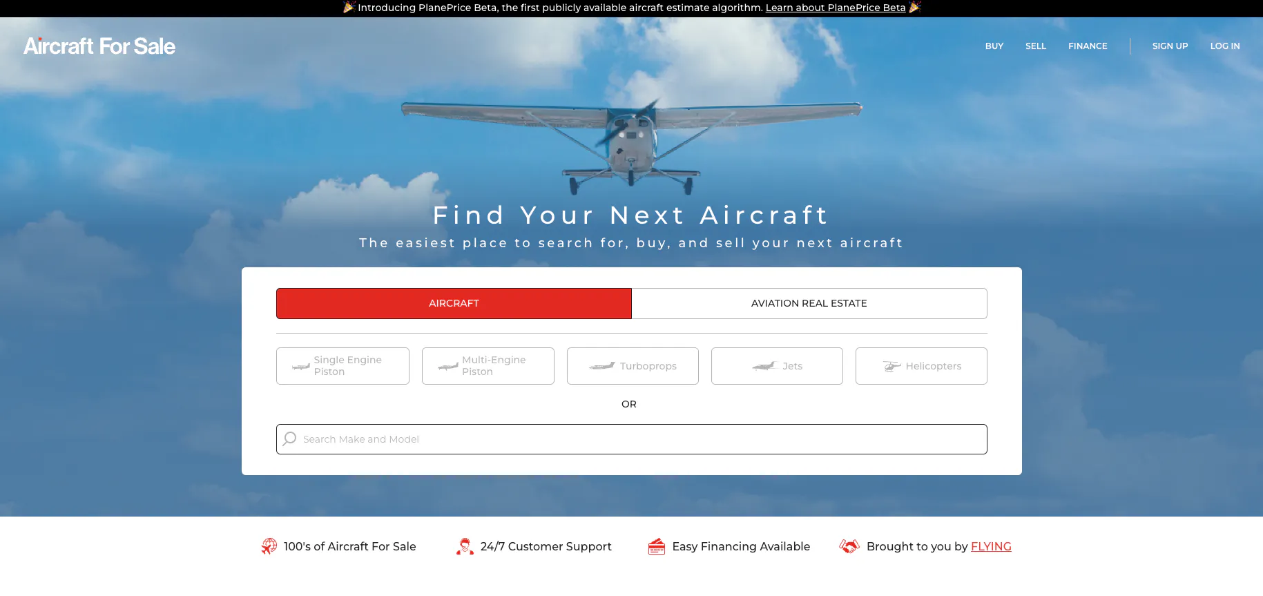 Sharetribe customer Aircraft For Sale landing page. It's a buying-and-selling marketplace like Amazon for aircrafts.