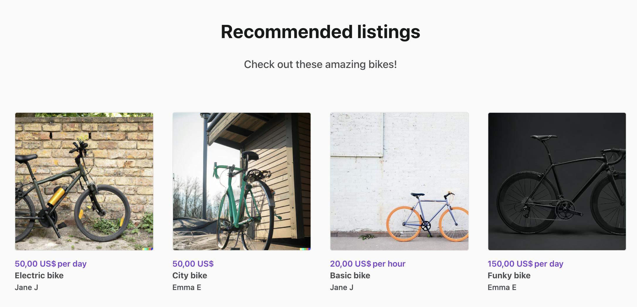 A marketplace landing page section showing four images of bicycles with details under each image. Above the images, a heading reads "Recommended listings" and an ingress reads "Check out these amazing bikes!"