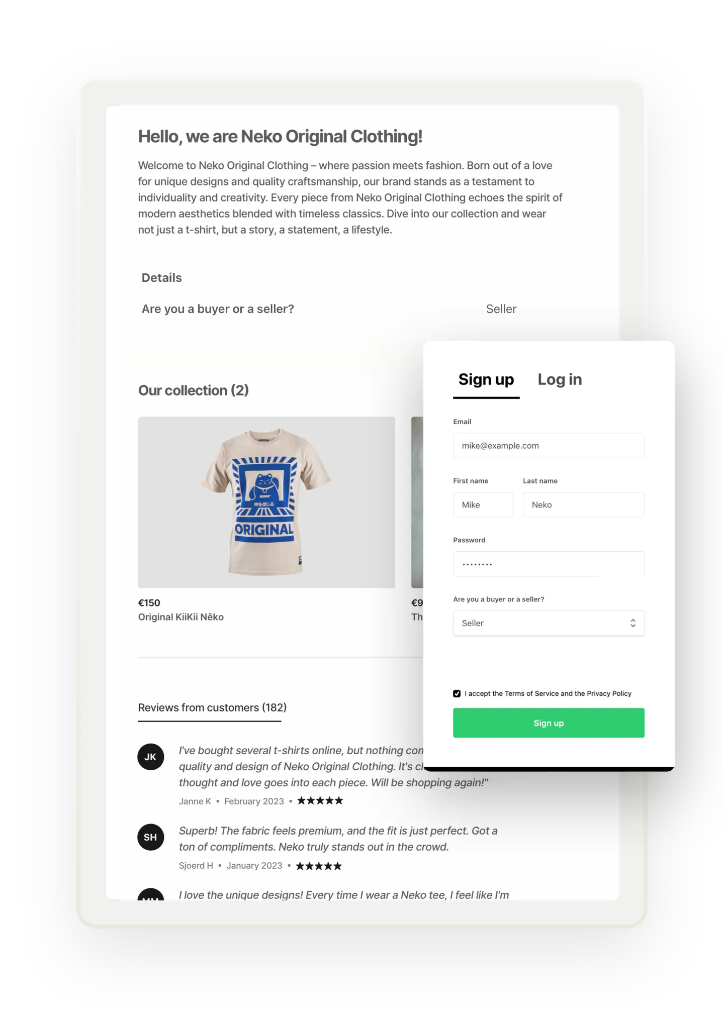 A sample profile page for t-shirt company called Neko Original Clothing. Overlaid is a signup form with custom fields where the owner is creating the account.