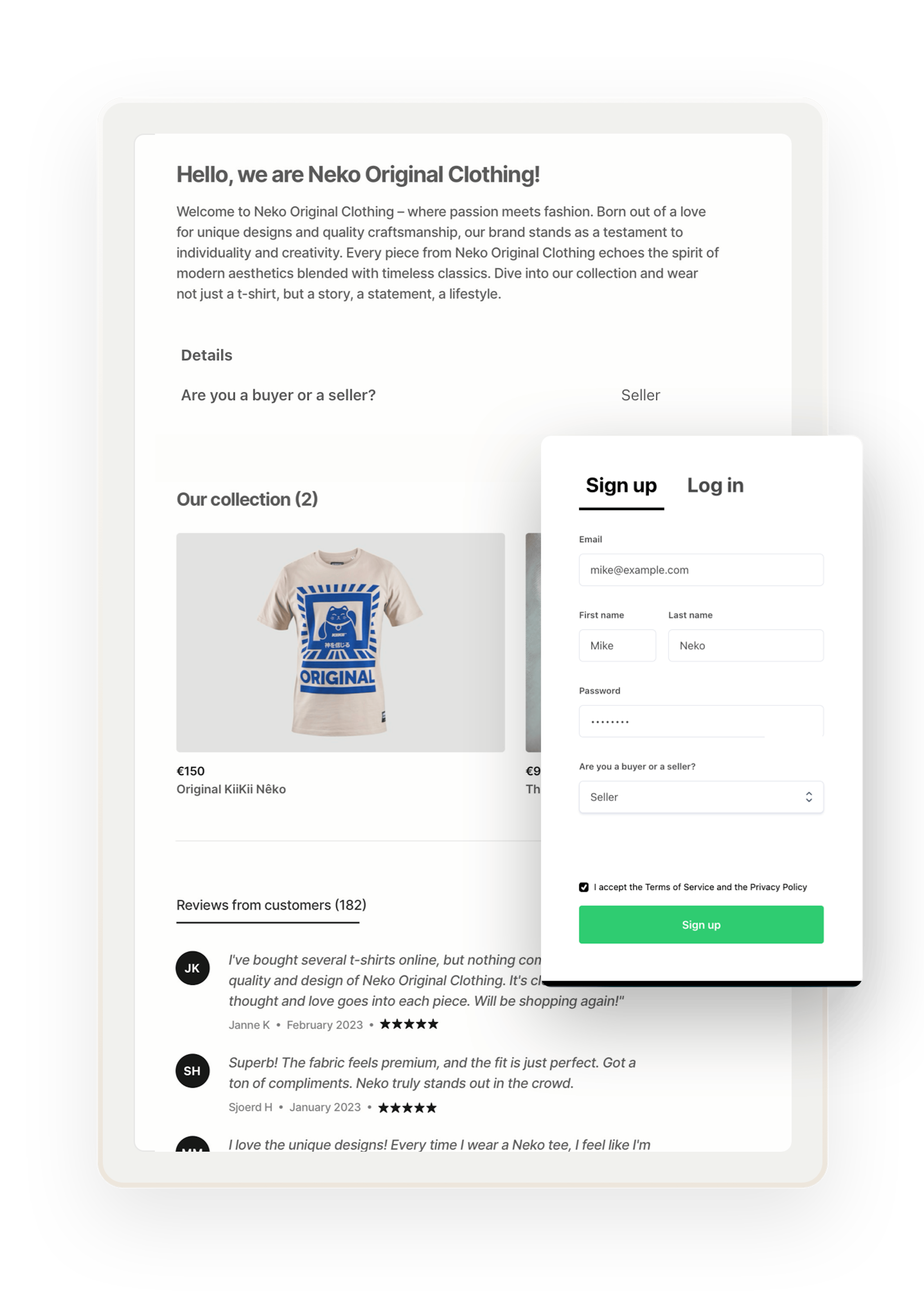 A sample profile page for t-shirt company called Neko Original Clothing. Overlaid is a signup form with custom fields where the owner is creating the account.