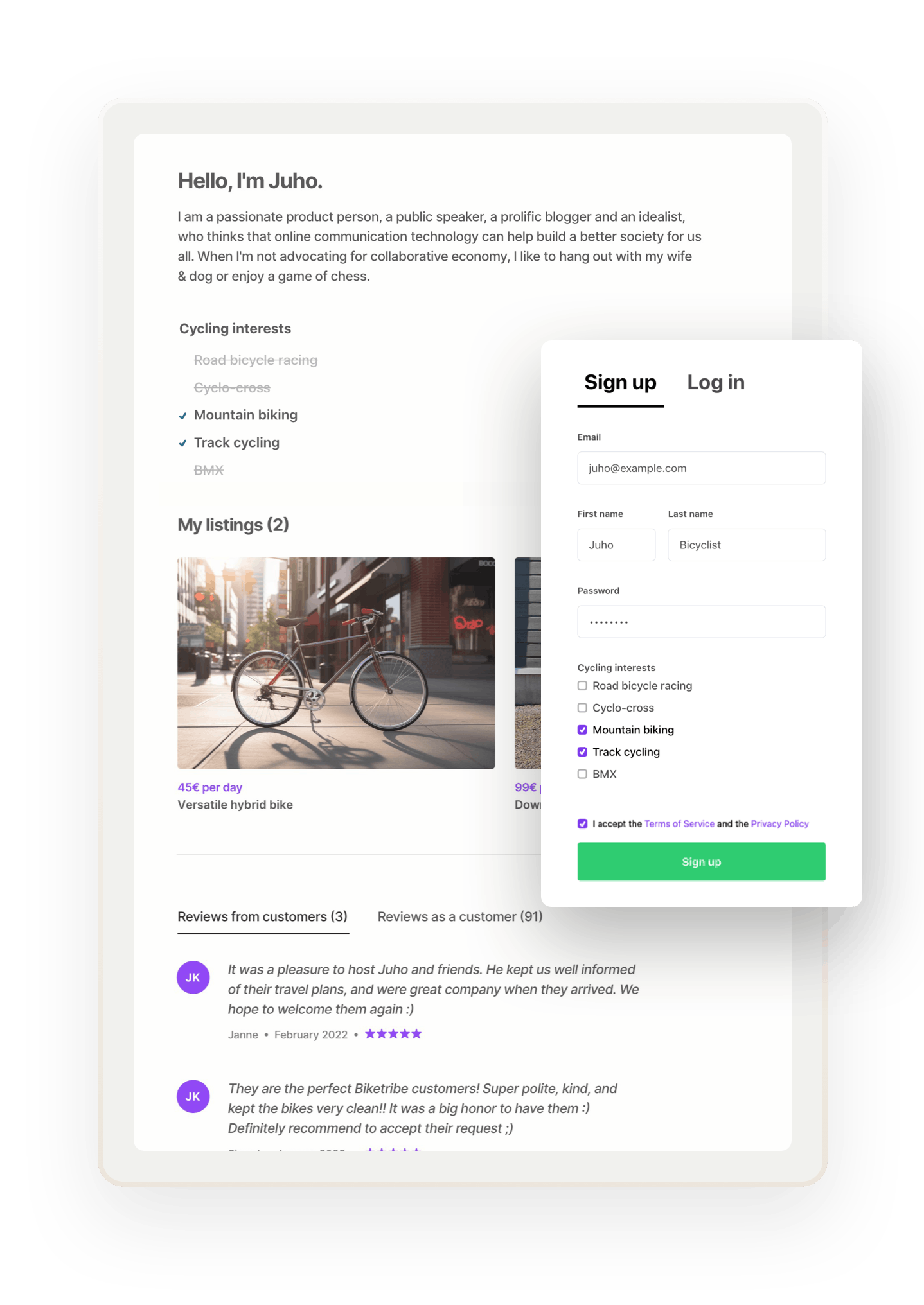 A sample profile page for a rental marketplace provider called Juho. Overlaid is a signup form with custom fields where Juho is creating their account.