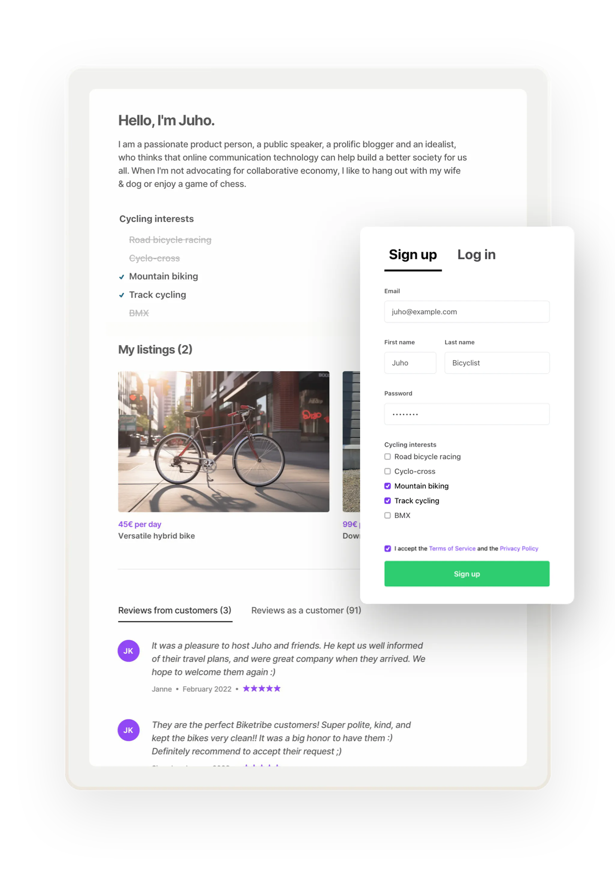 A sample profile page for a rental marketplace provider called Juho. Overlaid is a signup form with custom fields where Juho is creating their account.
