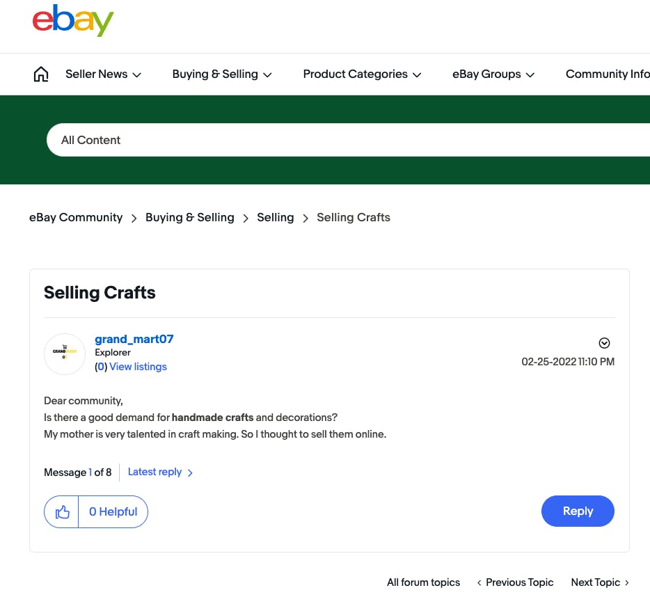 Screenshot of a question on the eBay community forum about selling crafts in Sri Lanka.