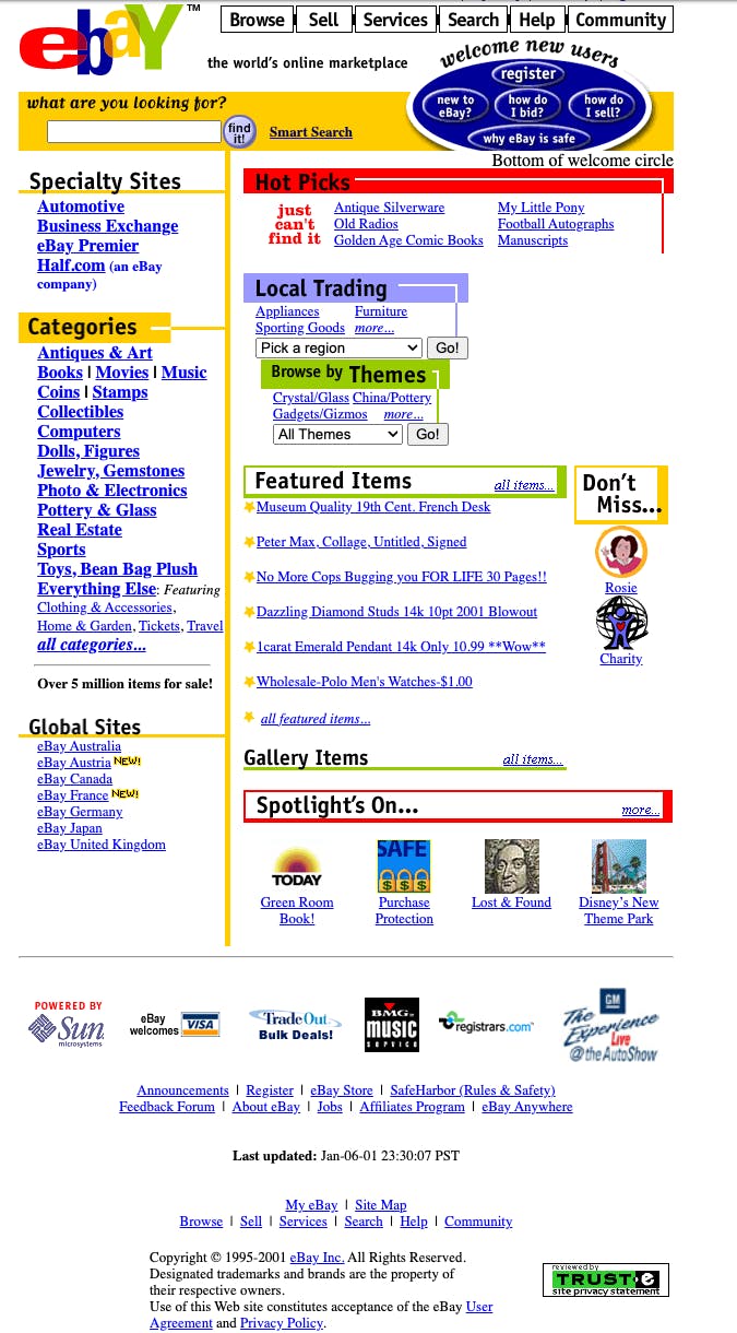 Screenshot of eBay's home page in 2001.